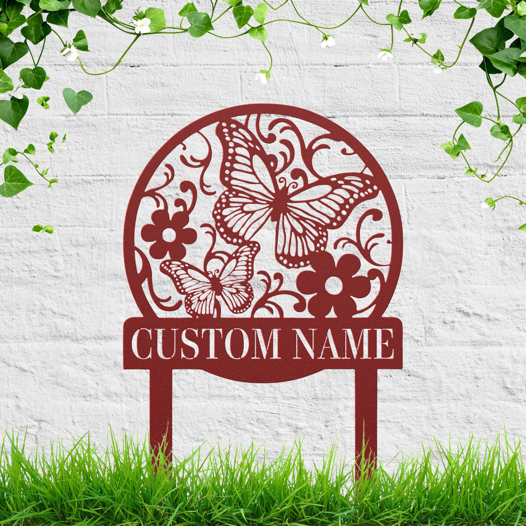 Butterfly & Flower Metal Garden Stake, Personalized Die-Cut Custom Name Sign, Monogrammed Nature Art, Memorial or Garden Decor