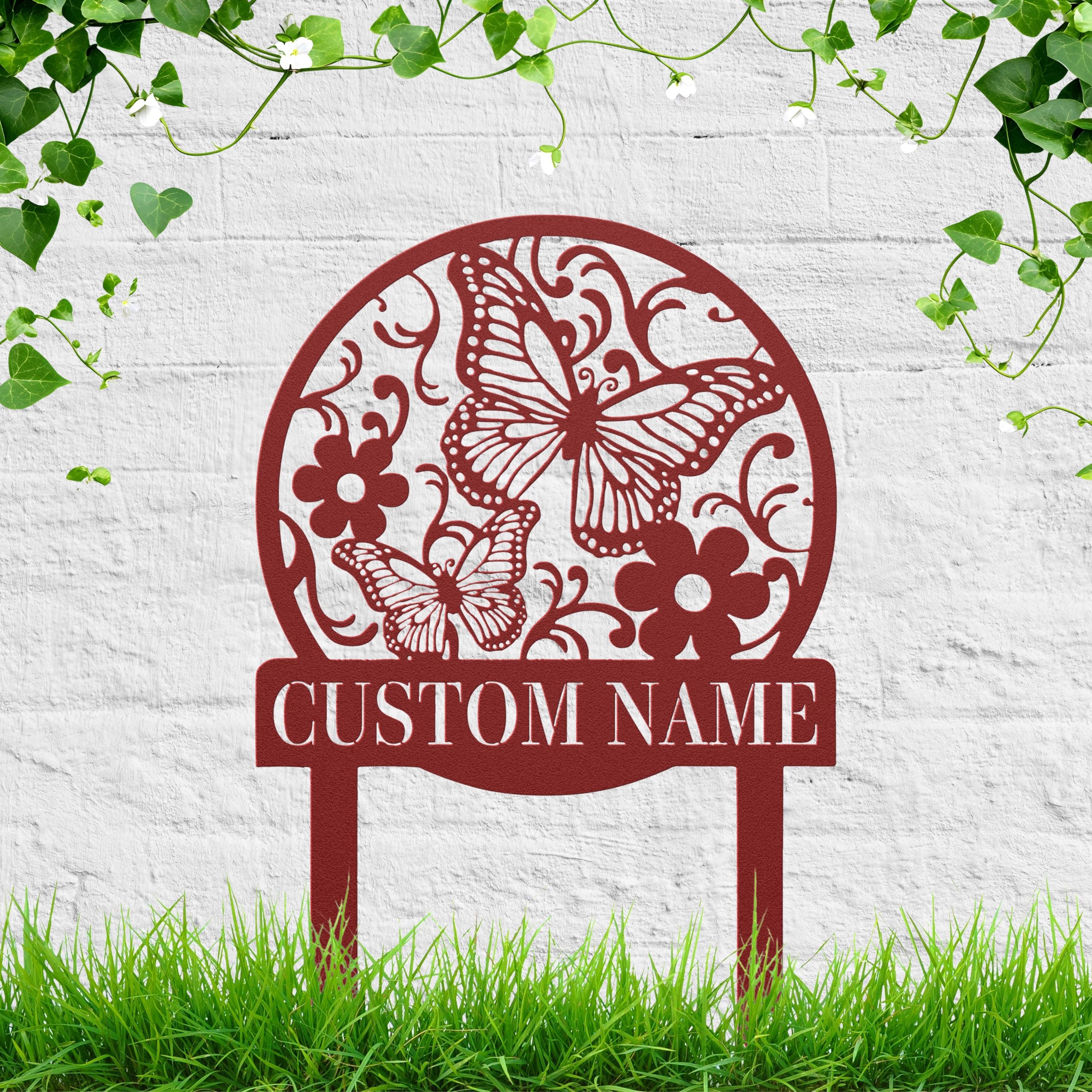 Butterfly & Flower Metal Garden Stake, Personalized Die-Cut Custom Name Sign, Monogrammed Nature Art, Memorial or Garden Decor