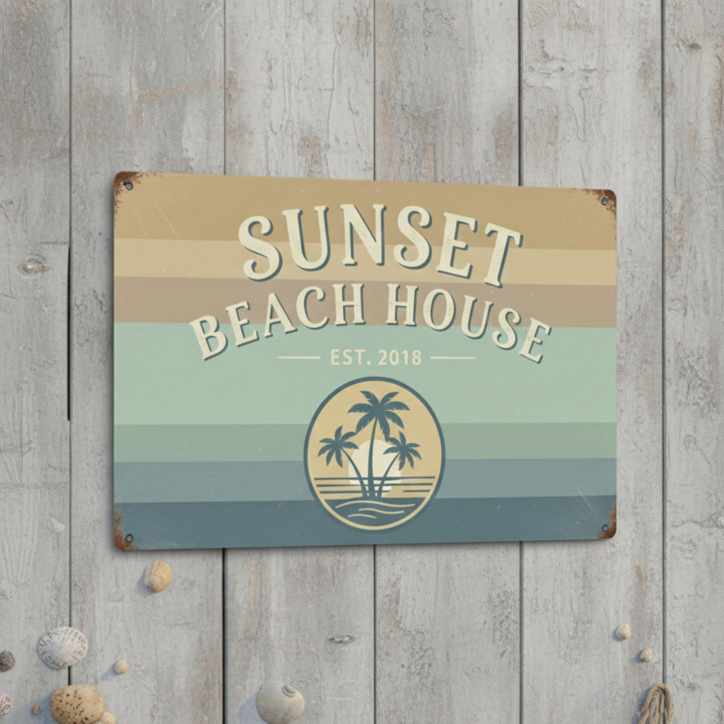 Custom Sunset Beach House Metal Sign, Coastal Home Decor, Tropical Wall Art Gift