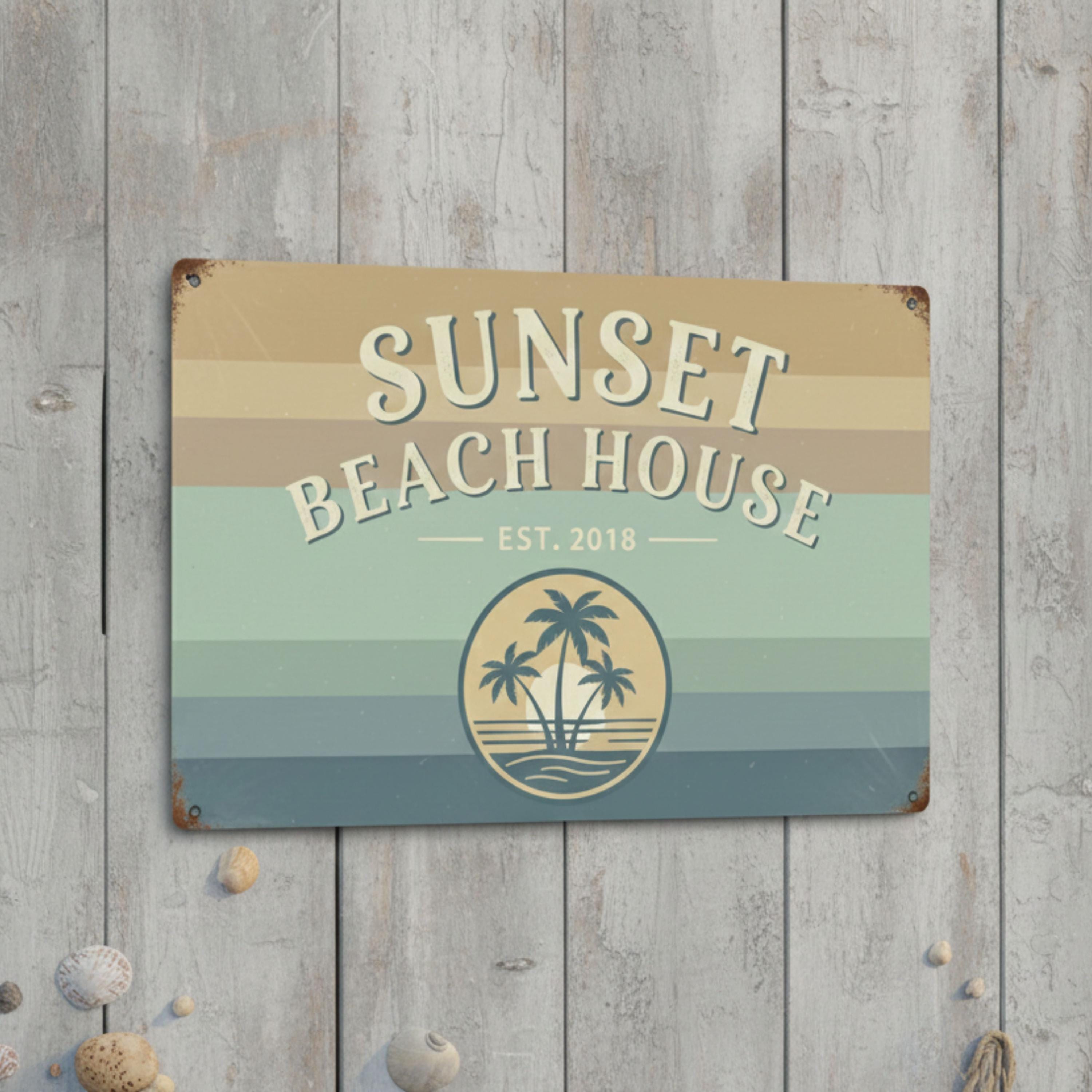 Custom Sunset Beach House Metal Sign, Coastal Home Decor, Tropical Wall Art Gift
