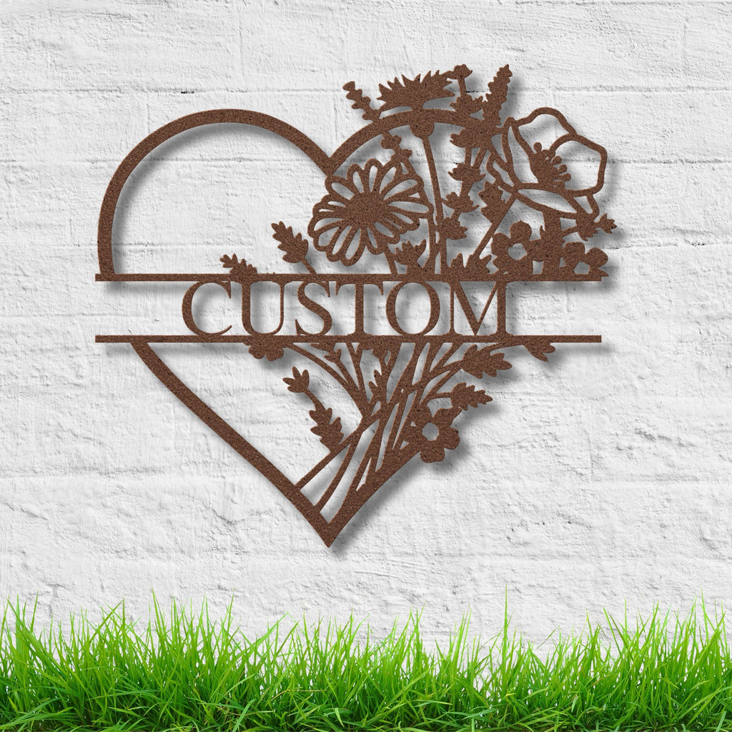 Personalized Floral Heart Metal Sign, Custom Flower Bouquet Split Name, Valentines Day Gift, Anniversary Wedding Art