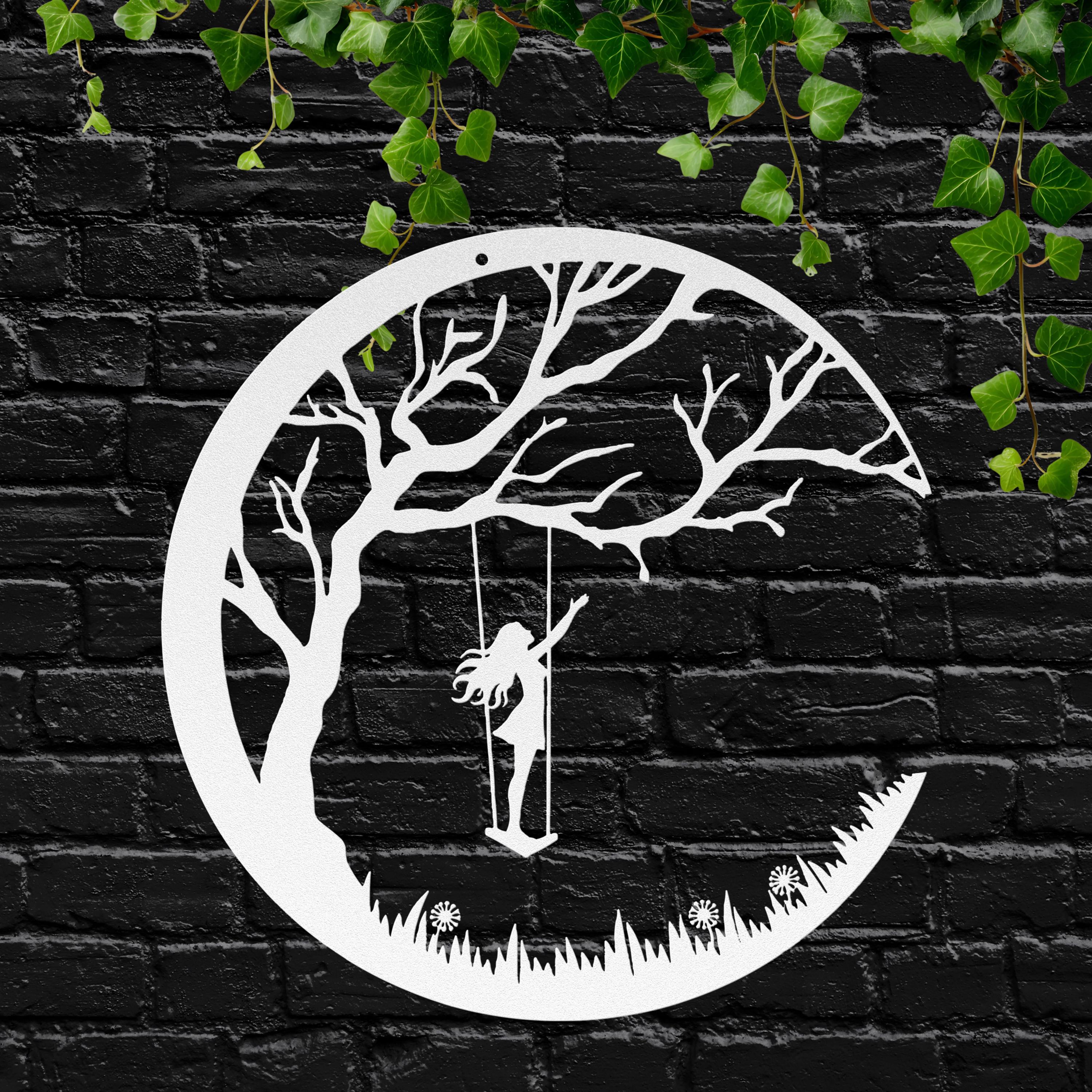 Girl on Swing Metal Wall Art, Crescent Moon Silhouette, Kids Room Decor