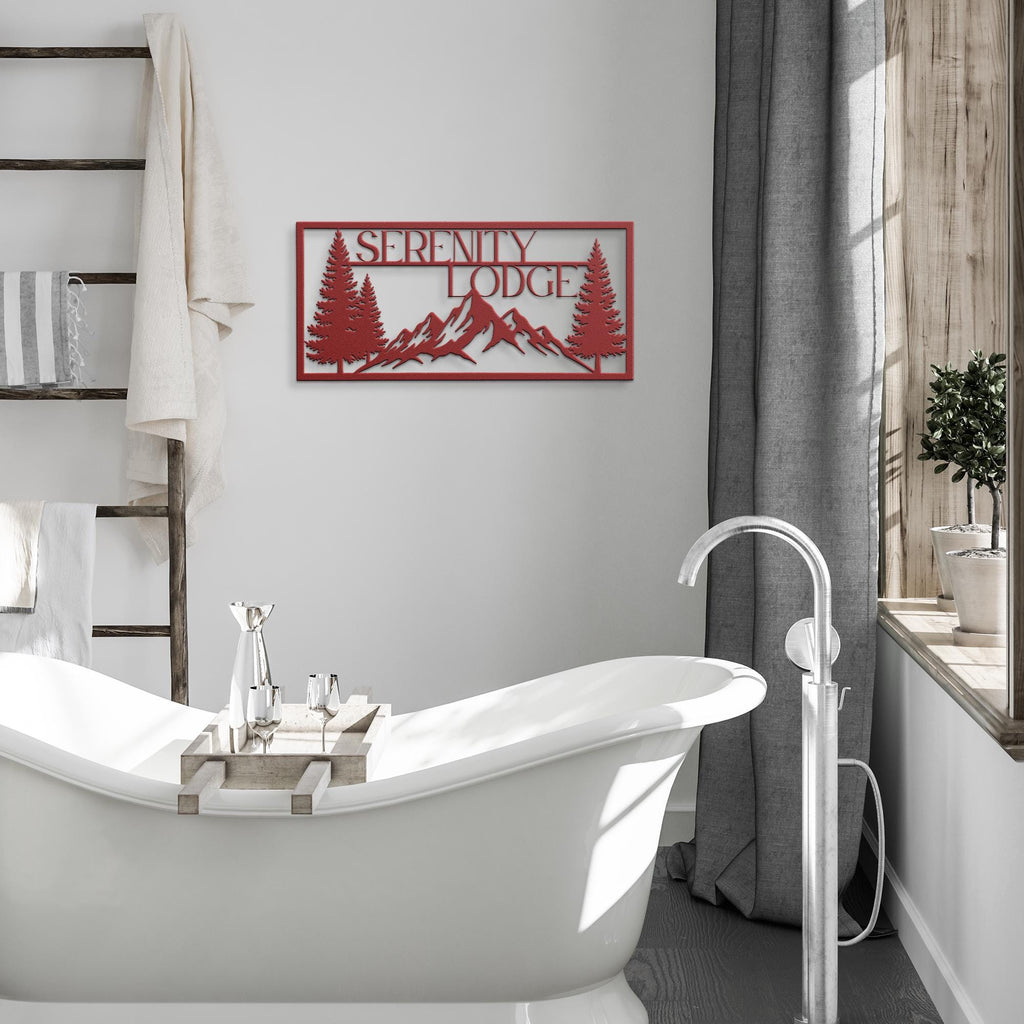 Custom Mountain Cabin Sign | Forest Tree Lodge Metal Art | Personalized Rustic Nature Die Cut Gift | Outdoor Retreat Decor