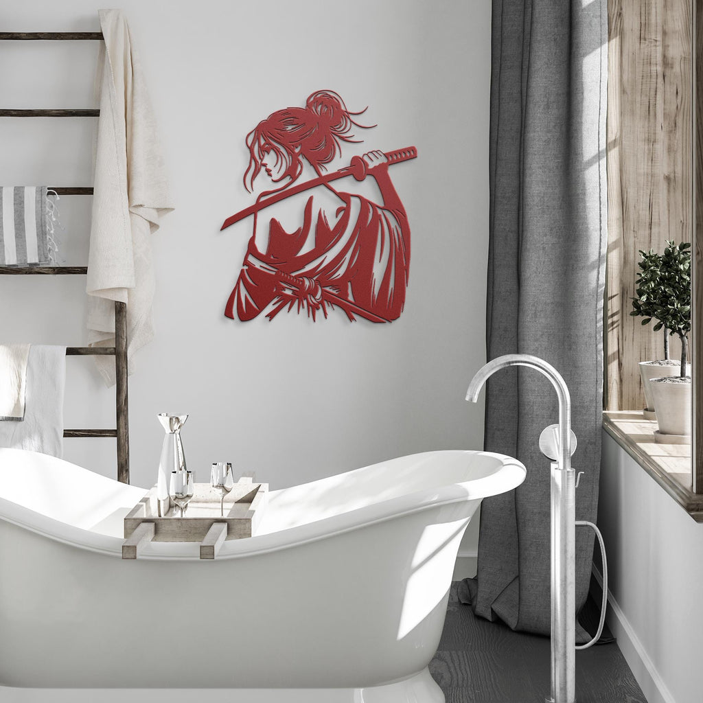Samurai Woman Metal Wall Art, Katana Sword Die Cut Sign
