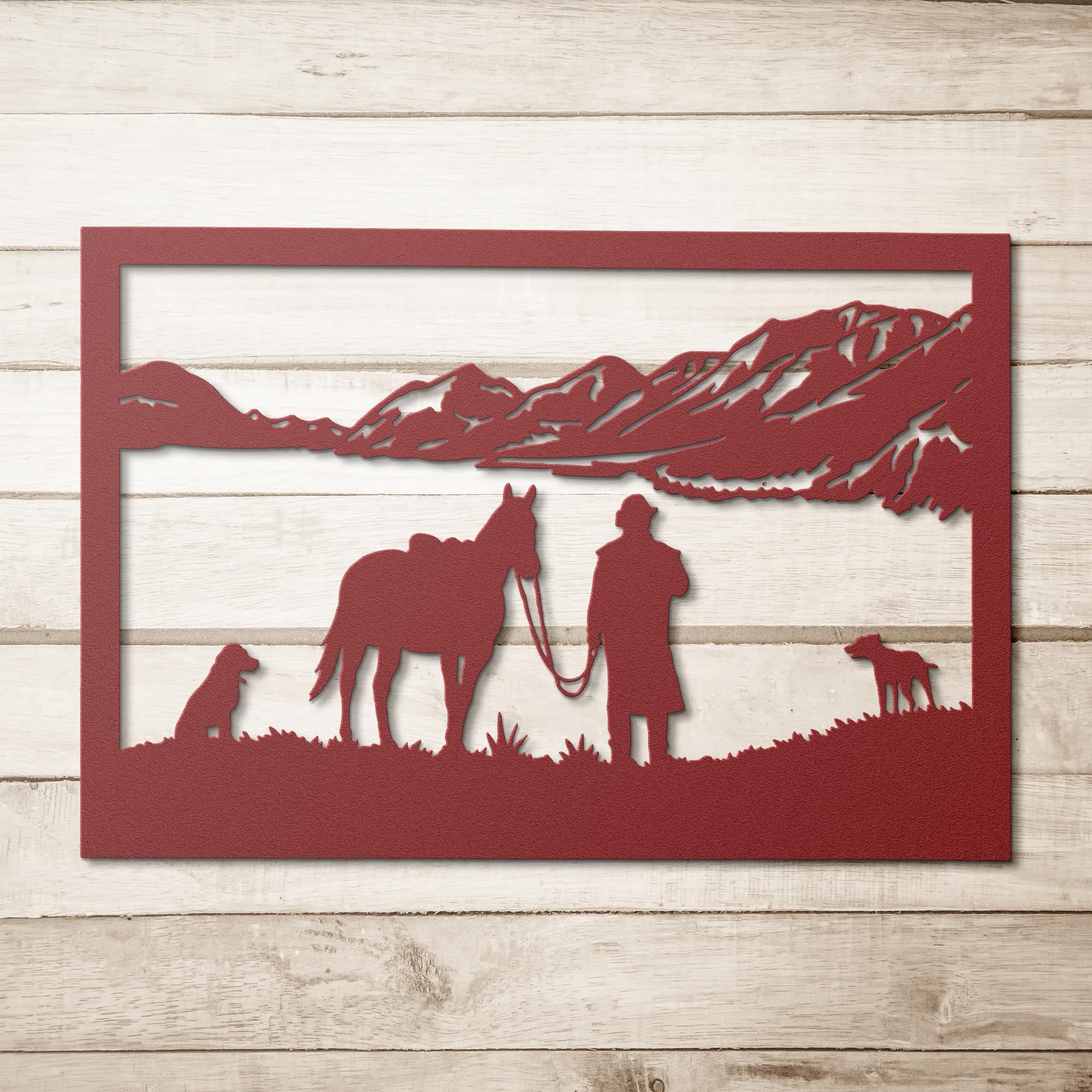 Cowboy Horse Dogs Metal Wall Art | Ranch & Lake Silhouette | Western Landscape Sign | Rustic Cabin Decor | Outdoor Gift
