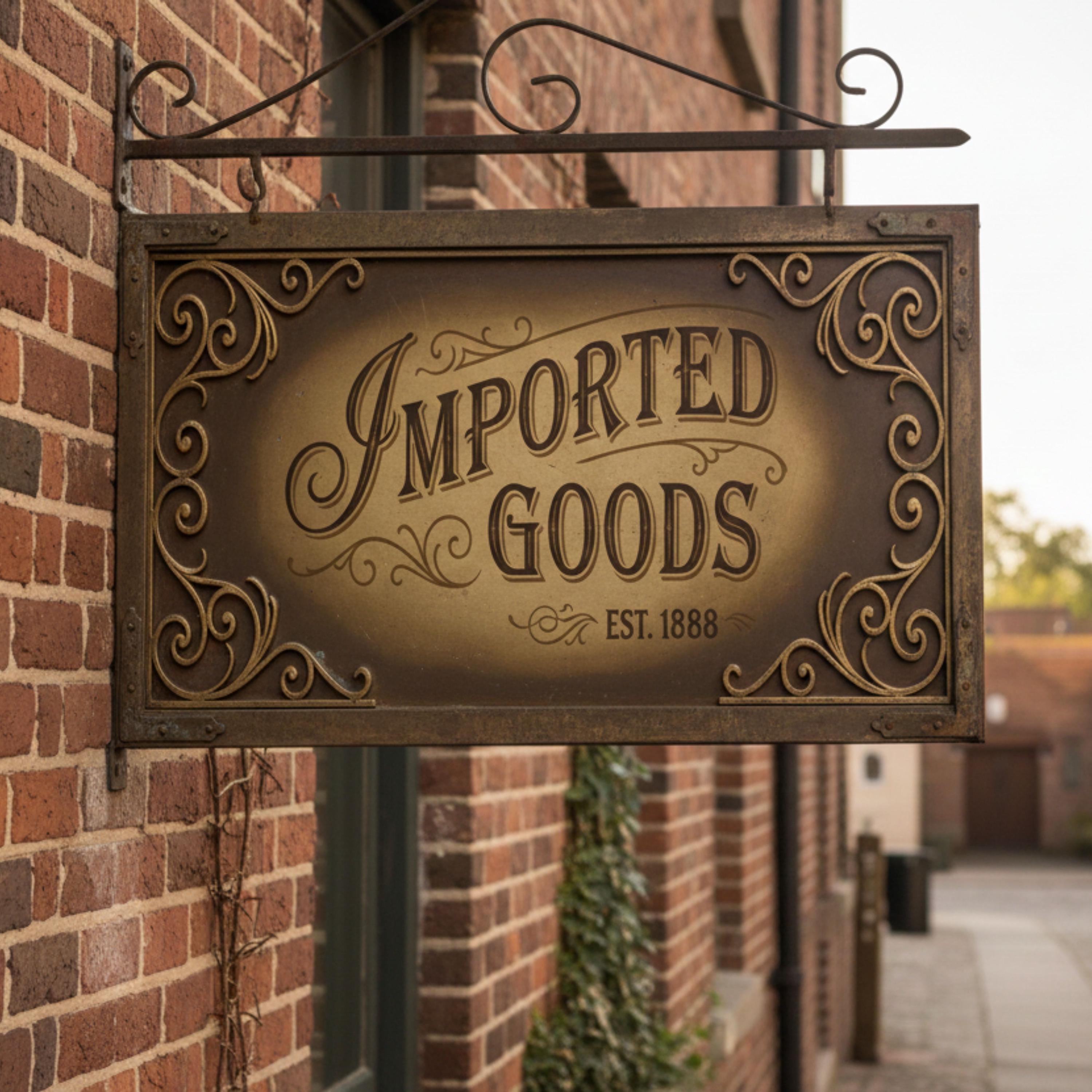 Imported Goods 3D Inspired Metal Sign, Vintage General Store Plaque, Antique Trading Post Art