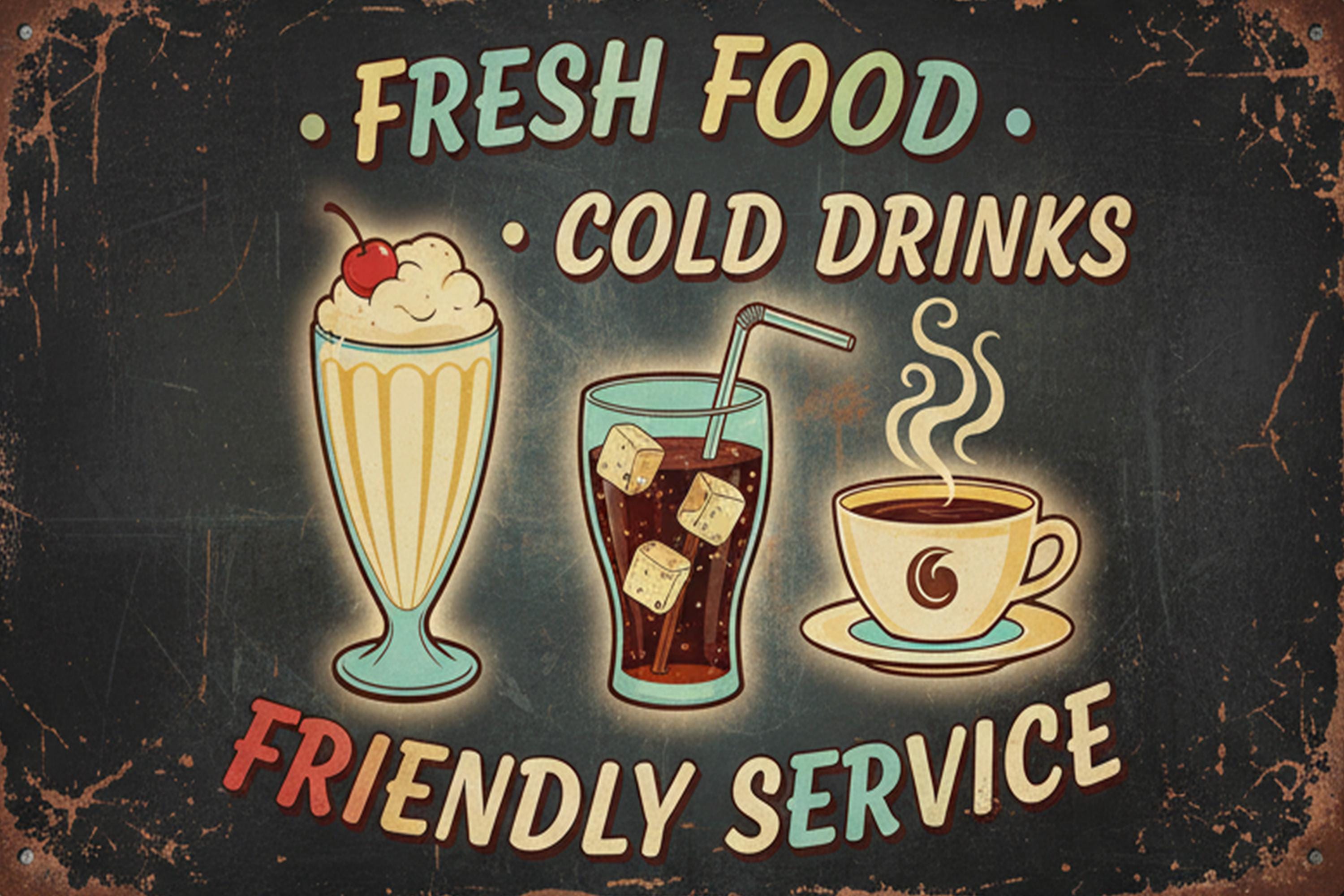 Retro Diner Metal Sign | Fresh Food, Cold Drinks Wall Art