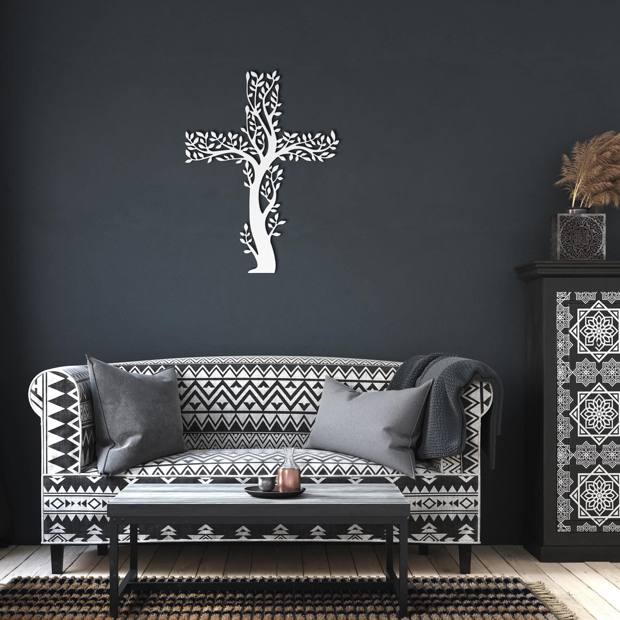 Tree of Life Cross Metal Wall Art, Christian Leaf Sign, Religious Nature Decor, Faith Gift