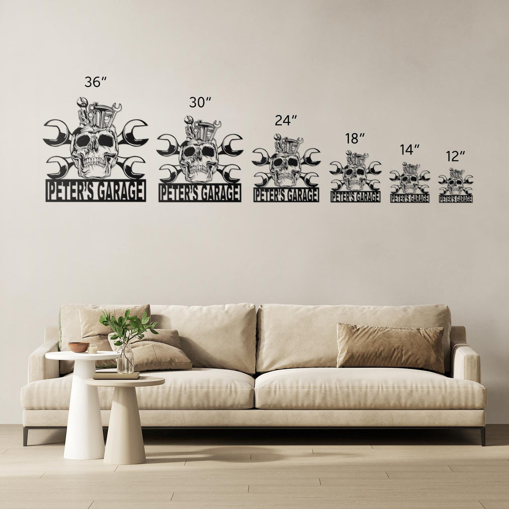 Personalized Skull Garage Metal Sign: Custom Shop Logo