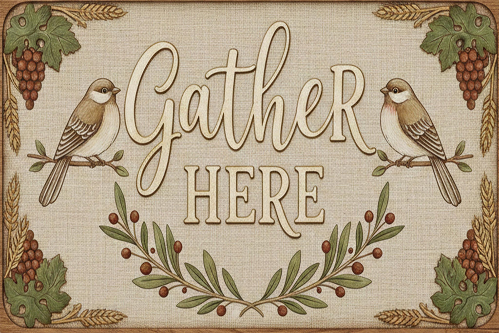 Rustic Metal Sign - Farmhouse Wall Art | Gather Here Decor | Cozy Kitchen Dining Plaque