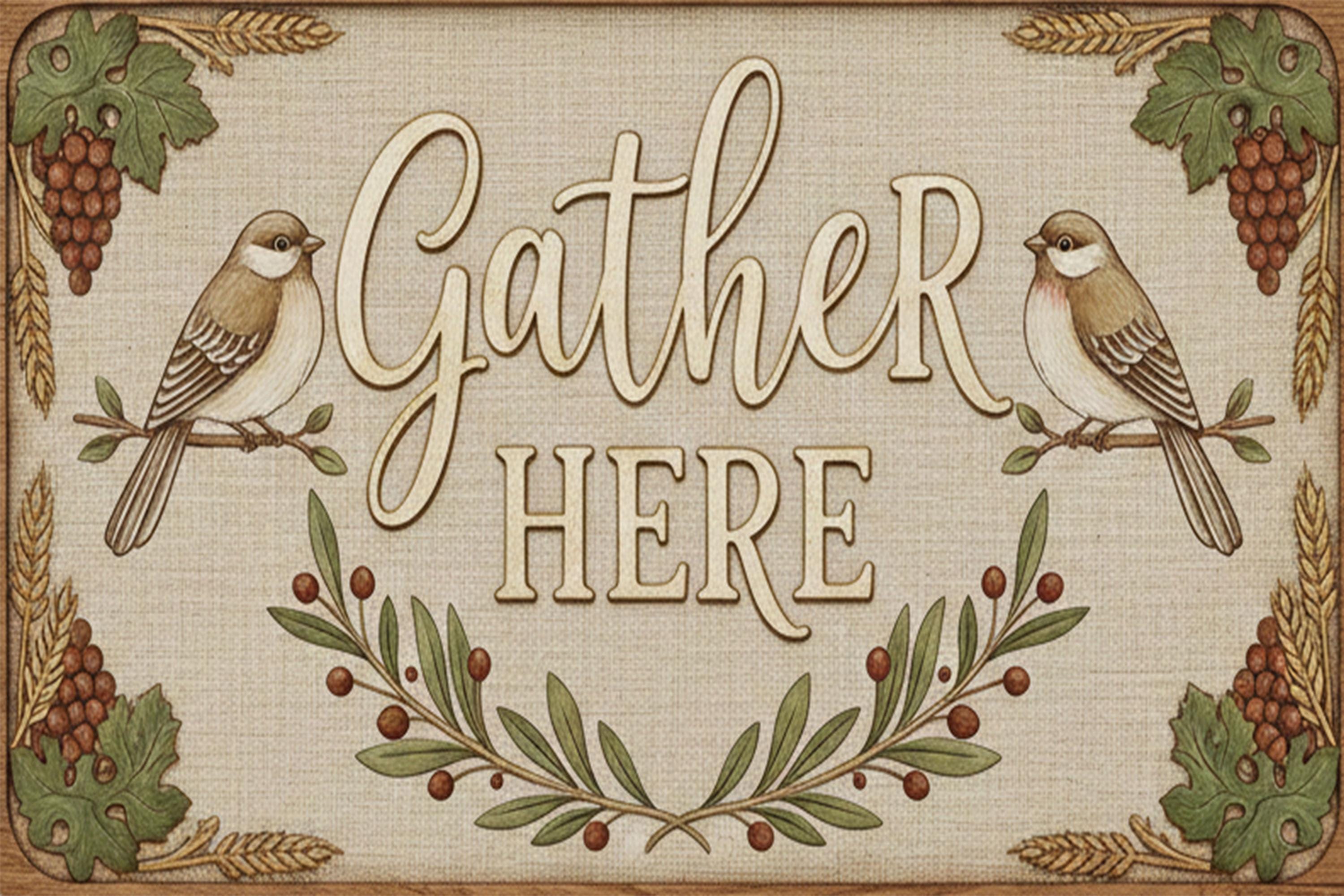 Rustic Metal Sign - Farmhouse Wall Art | Gather Here Decor | Cozy Kitchen Dining Plaque