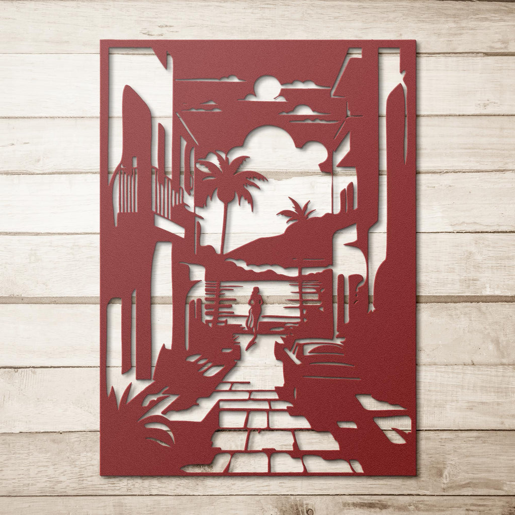 Mediterranean Street Metal Wall Art, Coastal Decor, Summer Beach House, Patio Sign