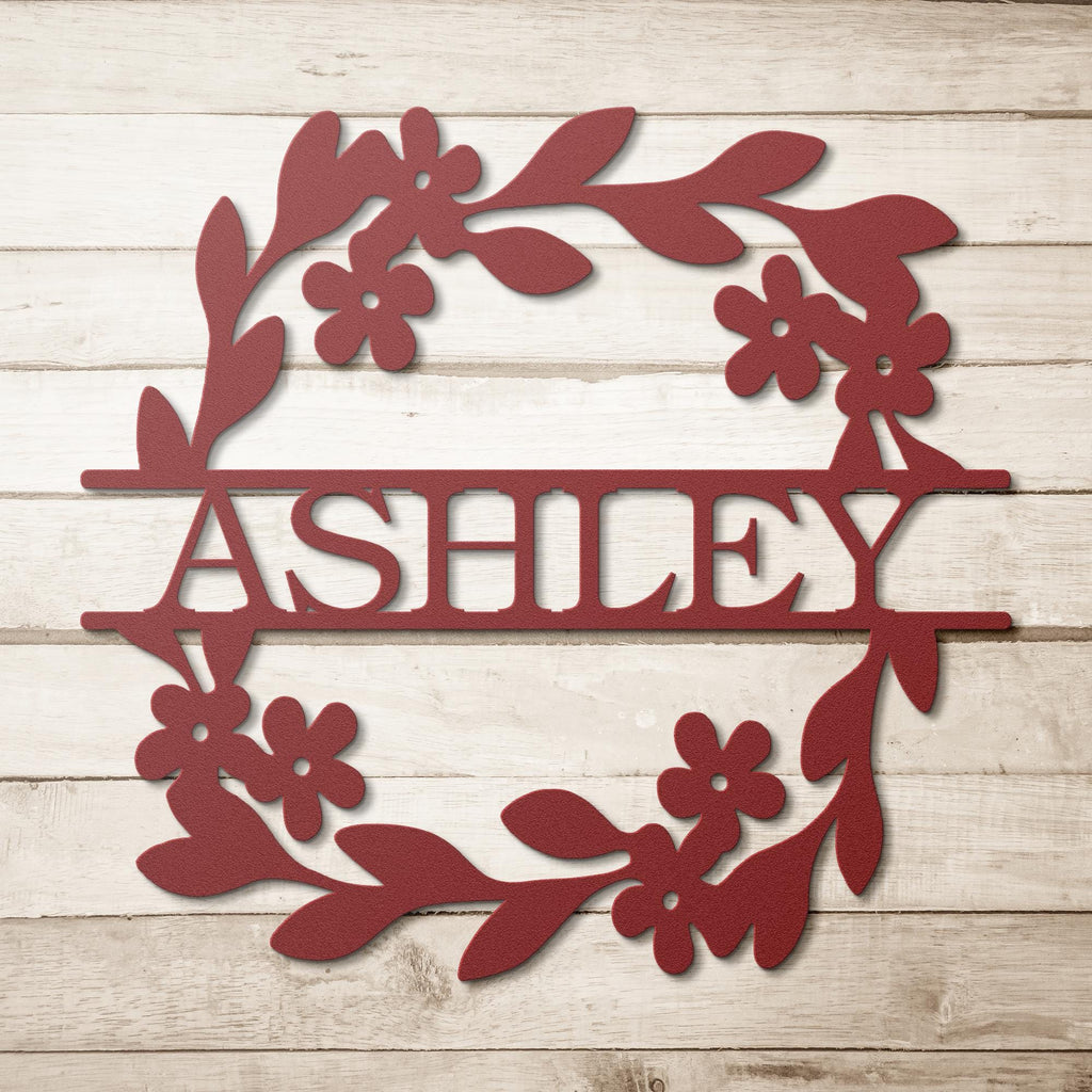 Personalized Metal Name Sign, Floral Wreath Monogram Door Hanger