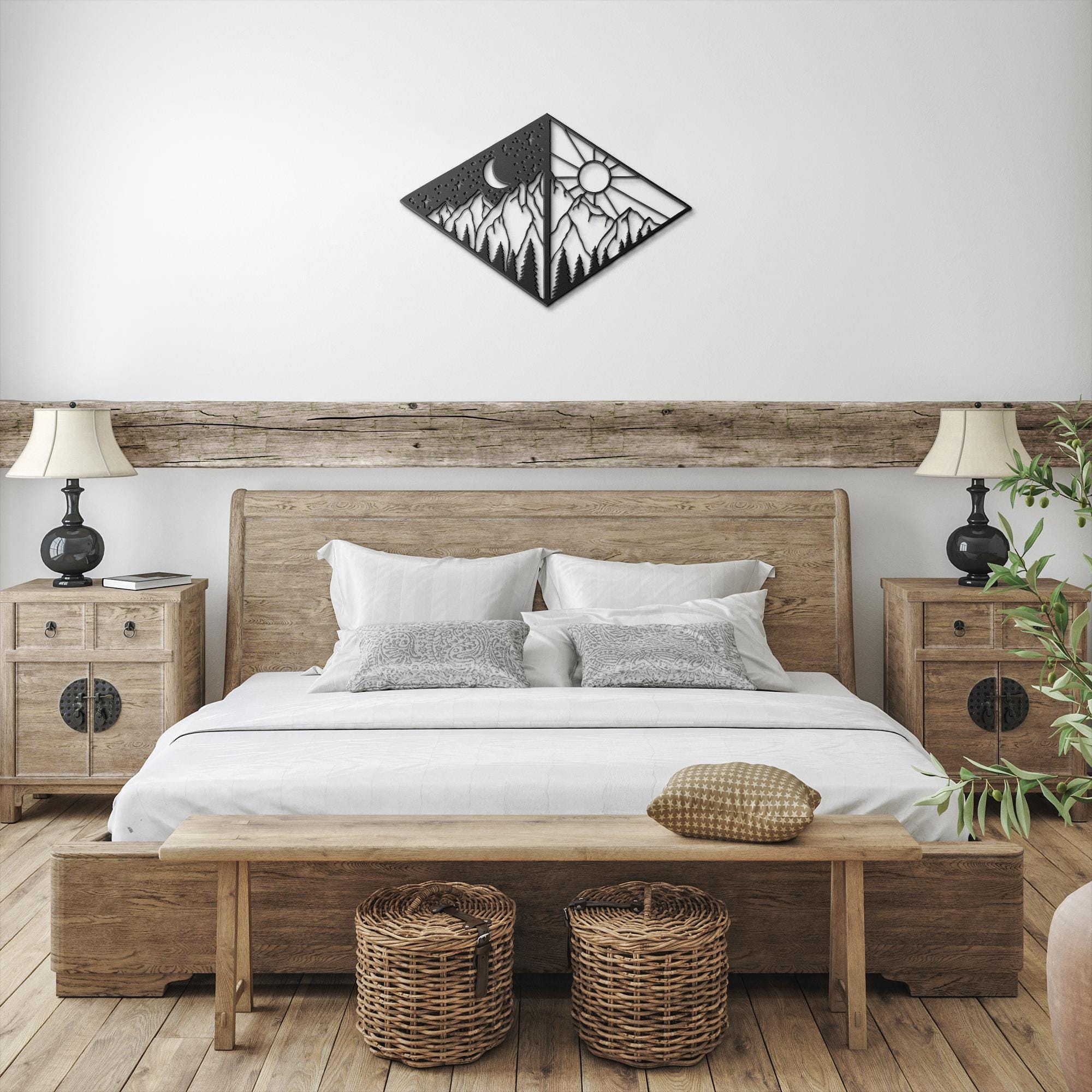 Mountain Metal Art – Sun Moon Geometric Wall Decor | Diamond Shape Cabin Sign