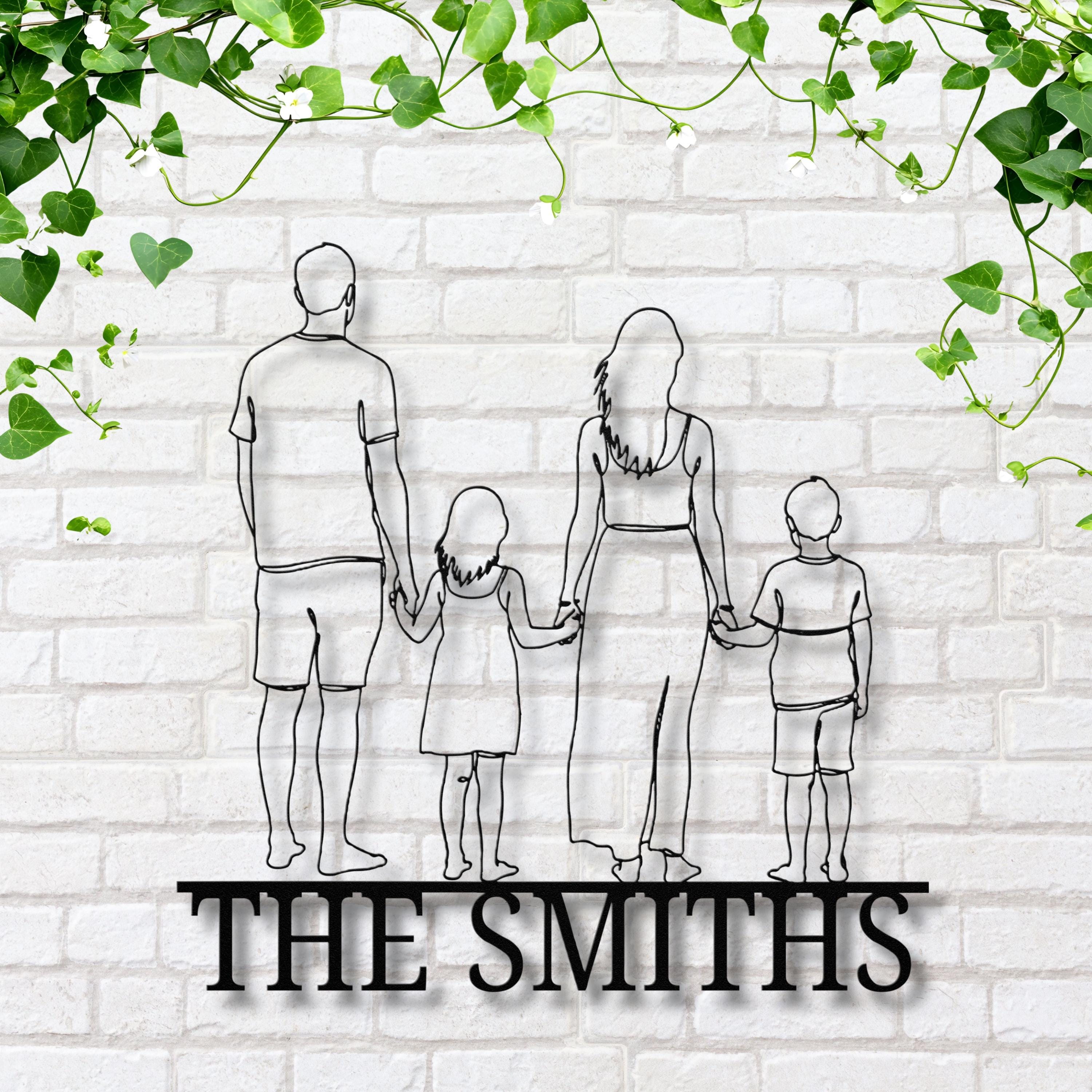 Custom Family Metal Sign – Personalized Line Art Silhouette with Last Name Banner