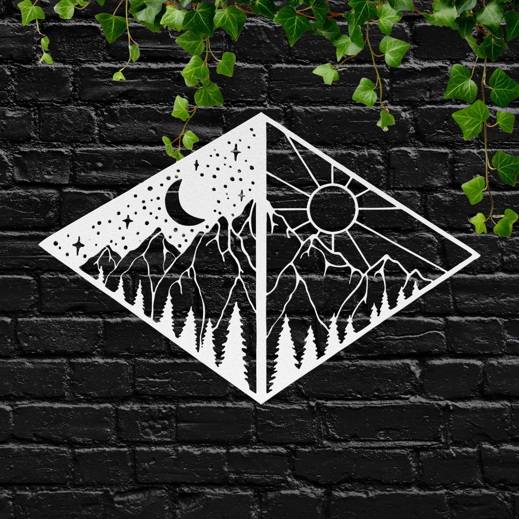 Mountain Metal Art – Sun Moon Geometric Wall Decor | Diamond Shape Cabin Sign