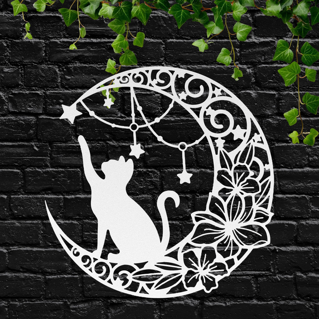 Black Cat Wall Art - Celestial Metal Decor | Crescent Moon Sign With Flower Star Design