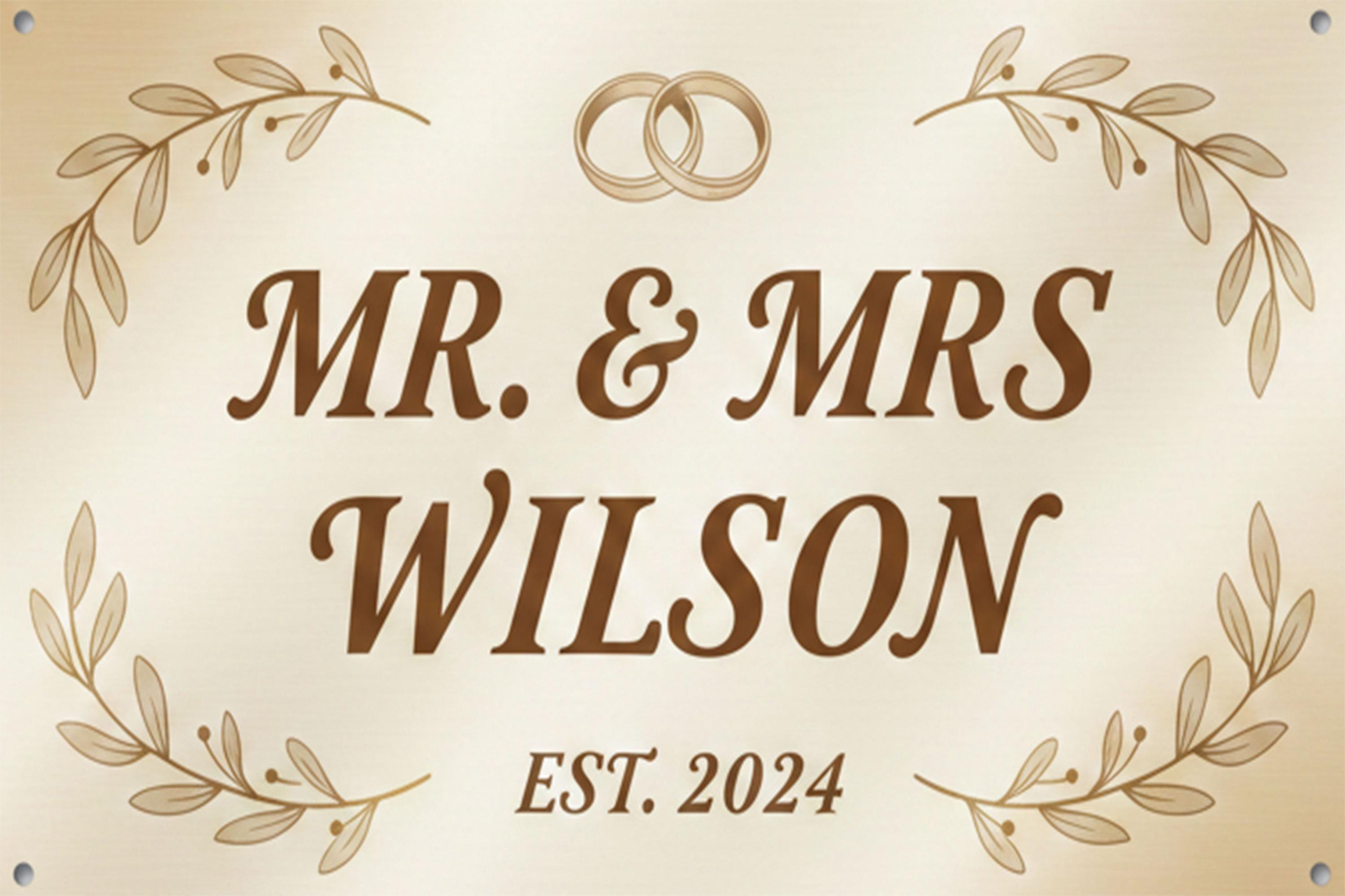 Personalized Metal Sign - Custom Wedding Sign With Couple Name Plaque & Gold Leaf Accents