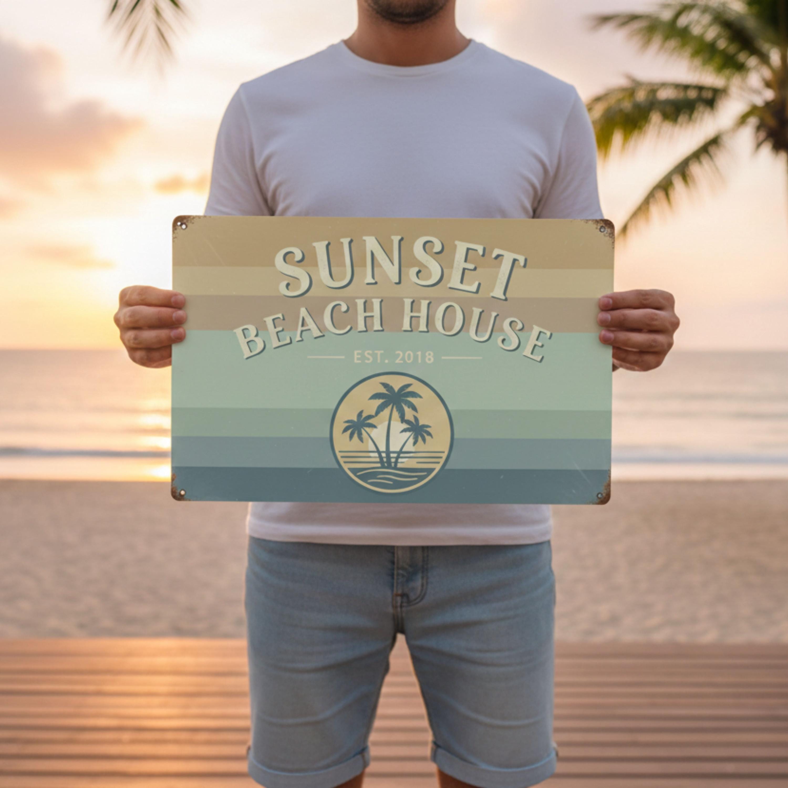 Custom Sunset Beach House Metal Sign, Coastal Home Decor, Tropical Wall Art Gift