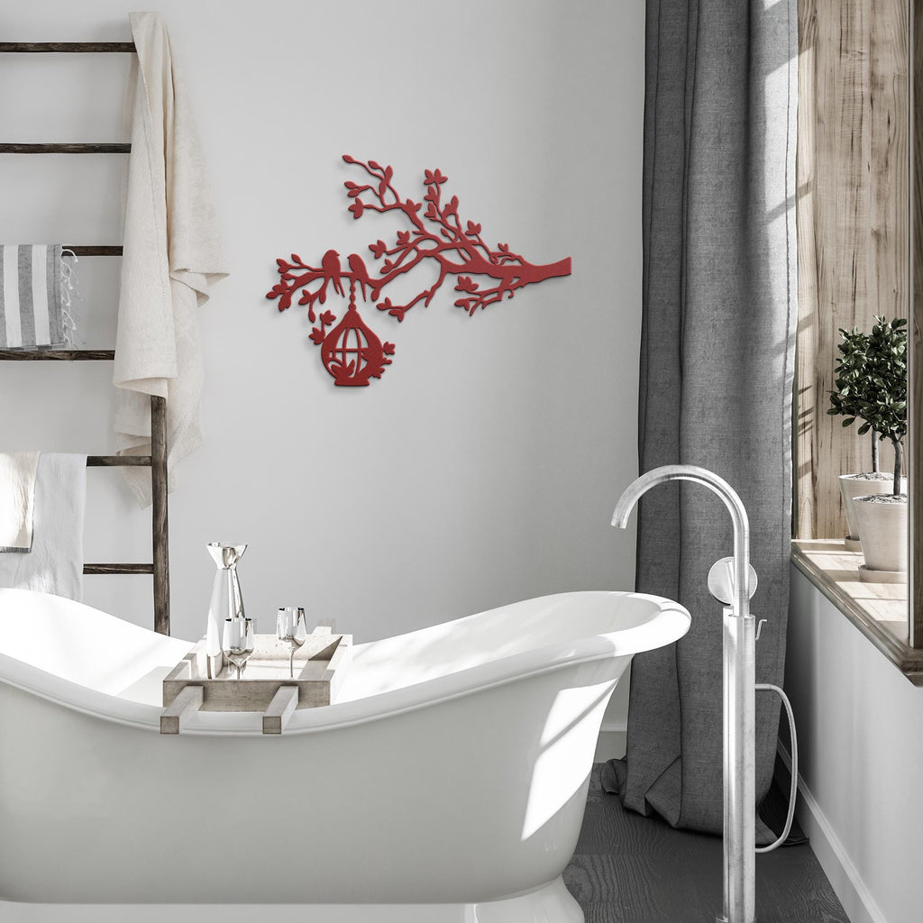 Birds on Branch Metal Art, Hanging Birdcage Wall Decor, Rustic Nature Sign, Forest Gift