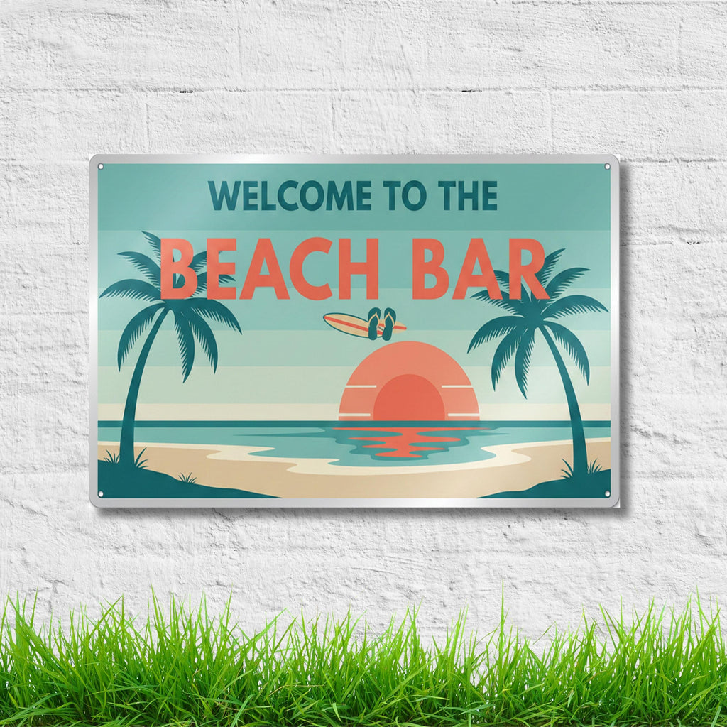 Beach Bar Metal Sign, Tropical Wall Art, Coastal Decor, Surfboard Sign, Tiki Bar Poster