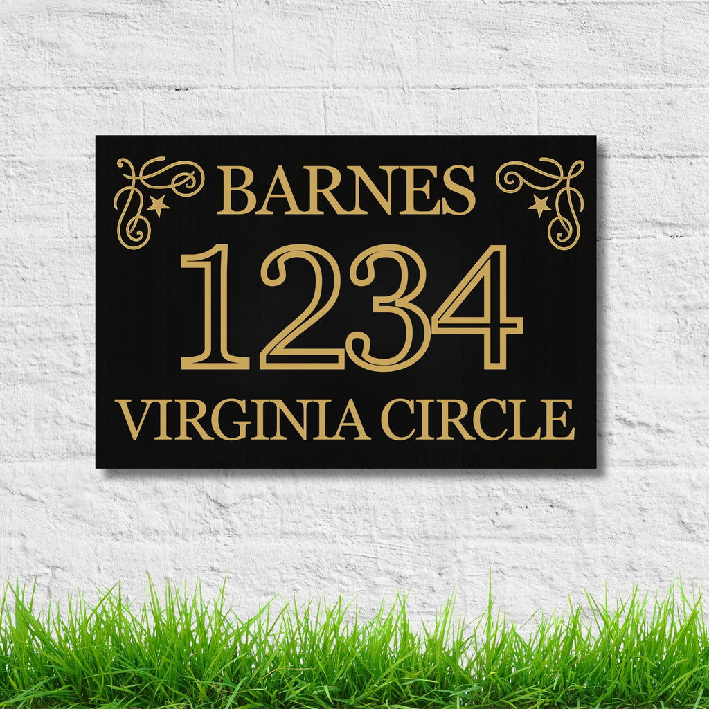 Personalized Metal Address Plaque, House Number Sign, Custom Last Name Decor, Gold and Black Curb Appeal, Baroque Style Gift