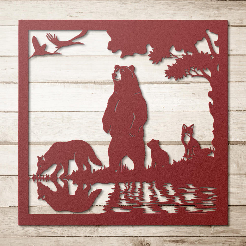 Forest Animals Lake Reflection Metal Art | Bear Fox Wolf Silhouette | Nature Wildlife Wall Decor | Rustic Cabin Sign