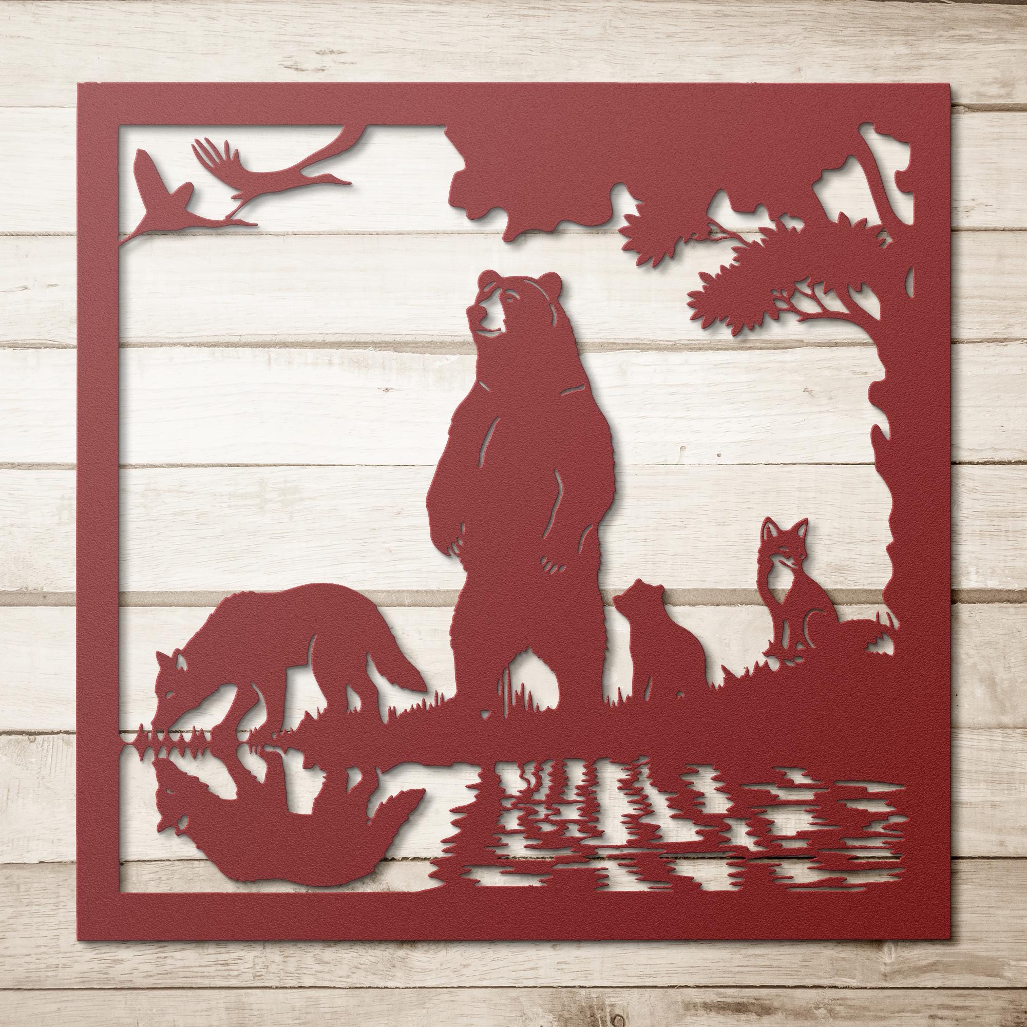 Forest Animals Lake Reflection Metal Art | Bear Fox Wolf Silhouette | Nature Wildlife Wall Decor | Rustic Cabin Sign