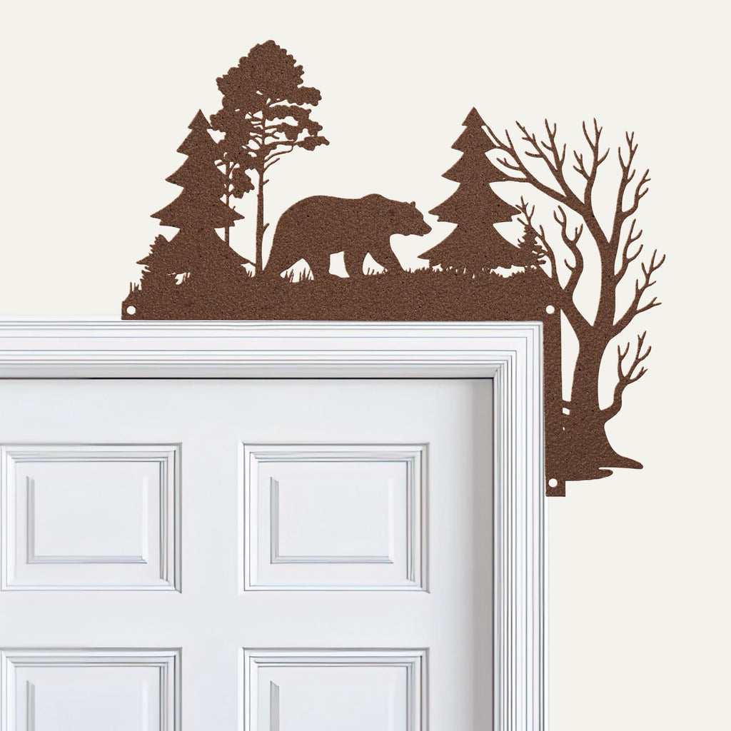 Bear Metal Door Corner Sign, Pine Tree Forest Decor, Cabin Wall Art, Wilderness Gift