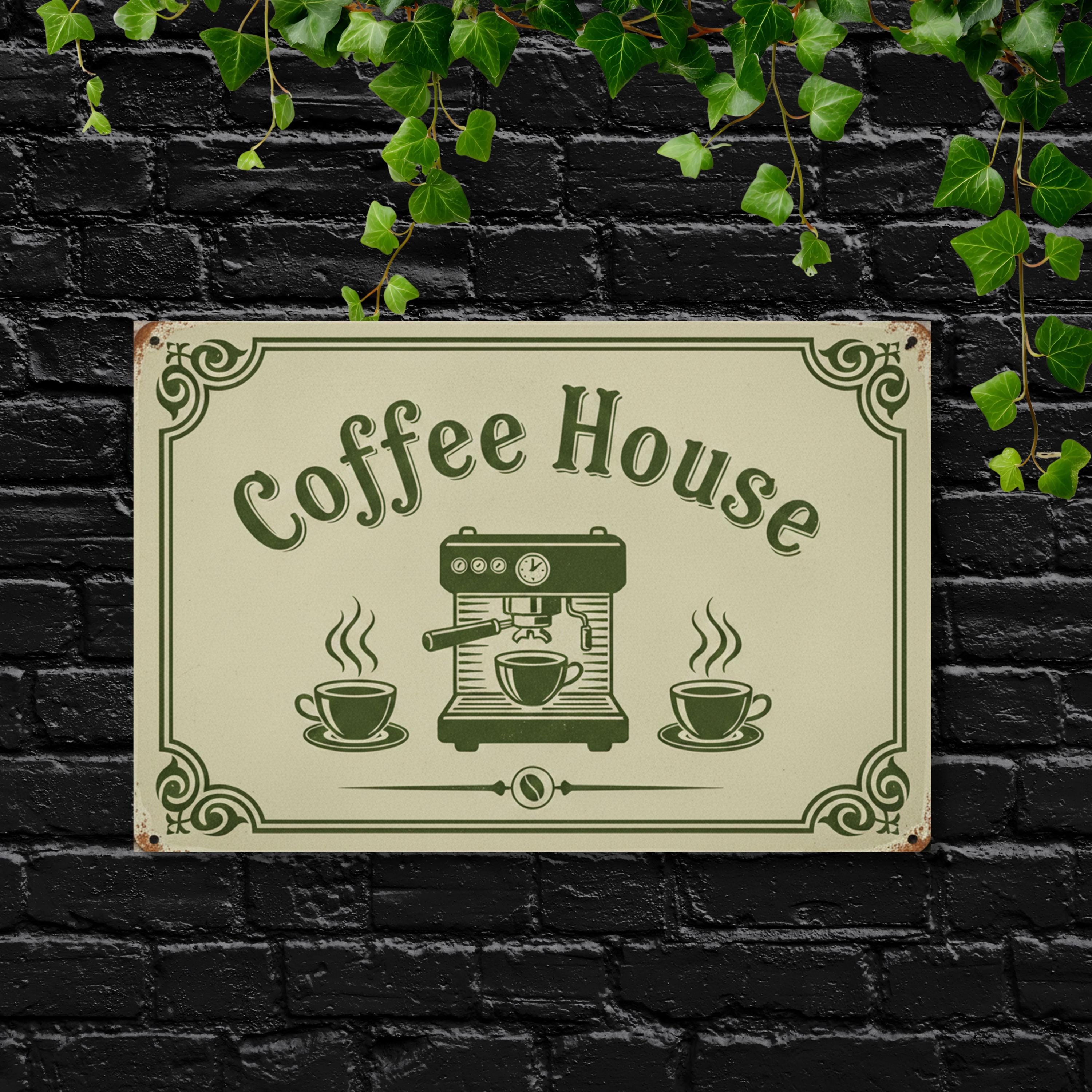 Coffee House Metal Sign, Vintage Espresso Machine Art, Coffee Station Decor, Cafe Wall