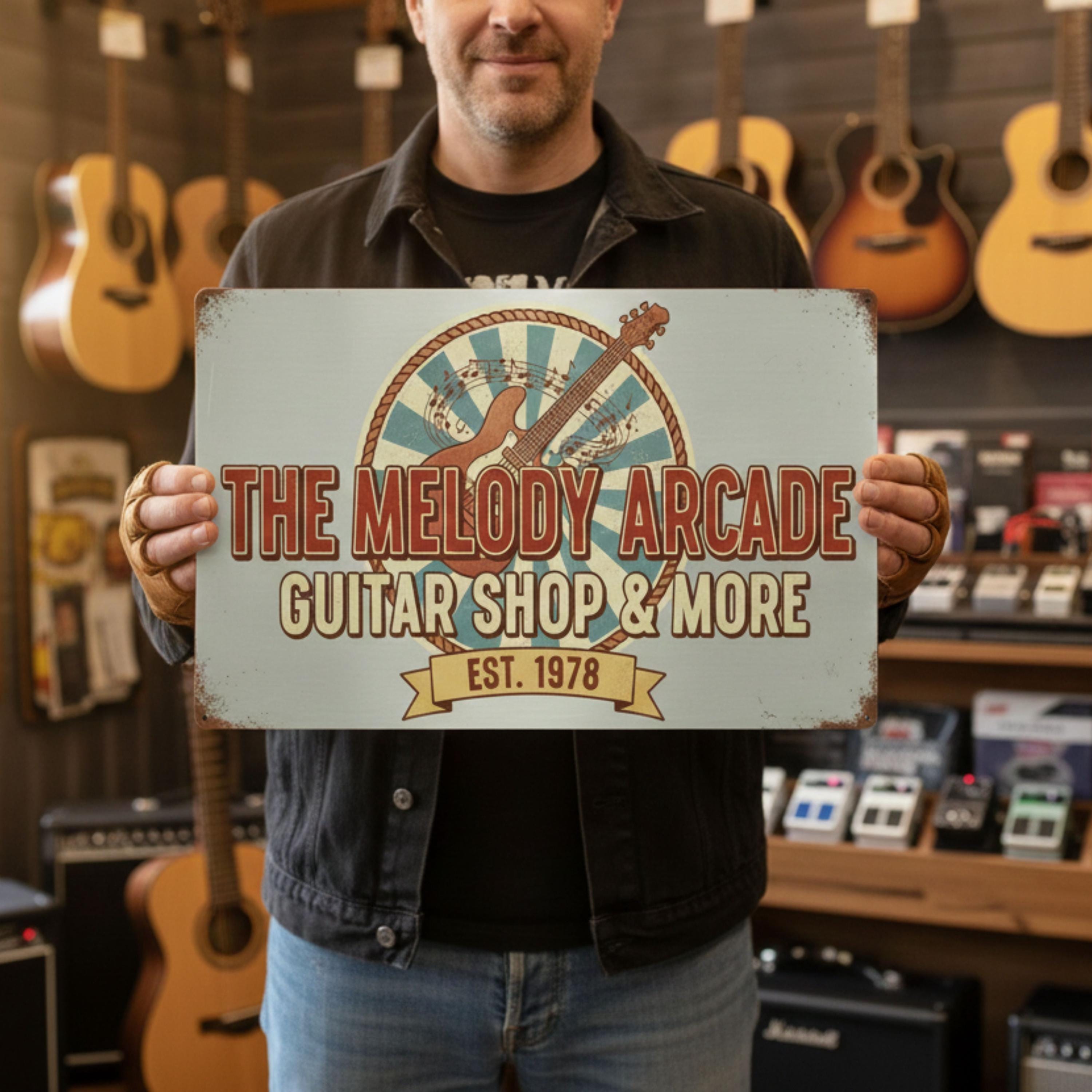 Custom Guitar Shop Metal Sign | Personalized Plaque | Retro Music Studio Decor | Vintage Guitarist Established Art Gift