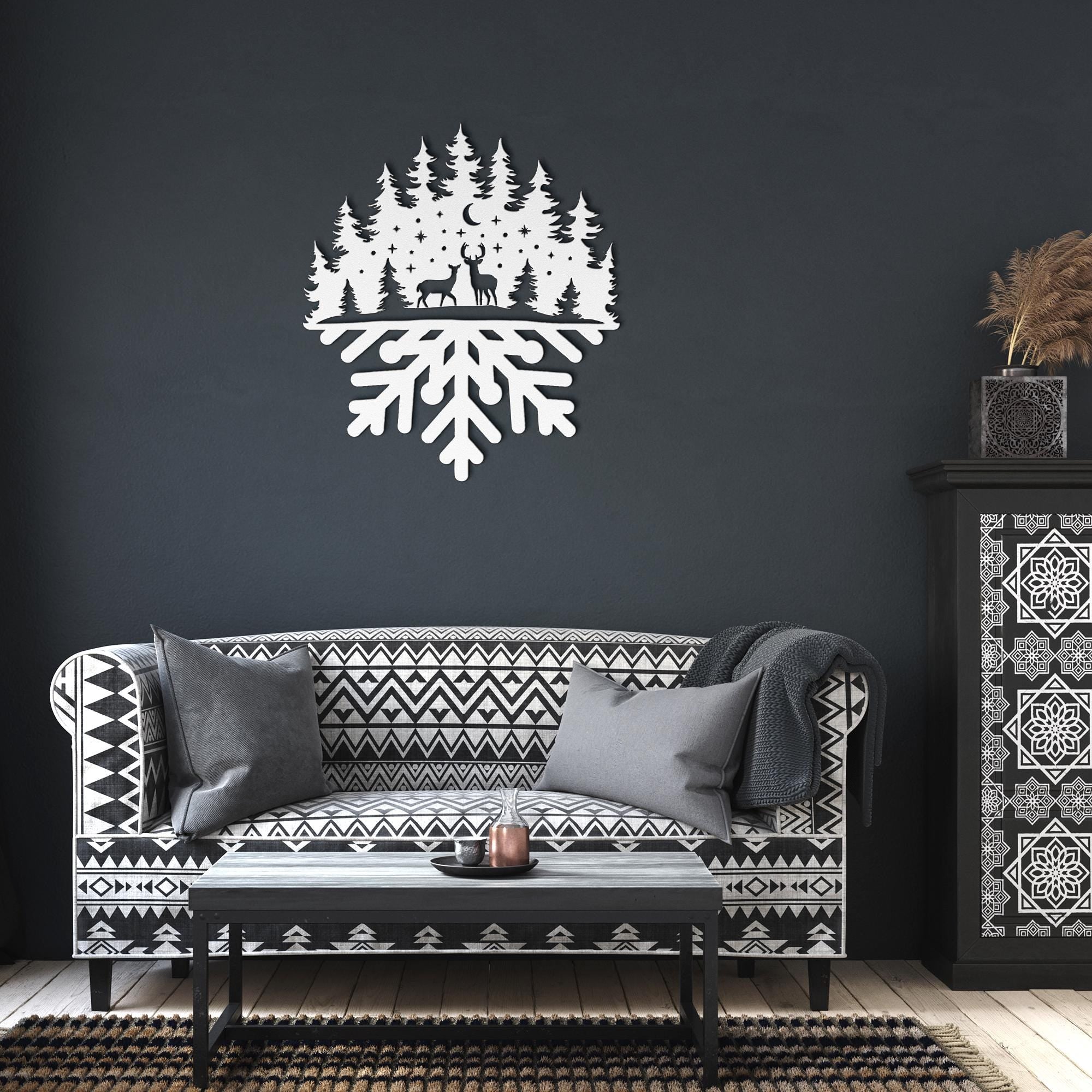 Deer Silhouette Metal Sign, Winter Forest Snowflake Decor