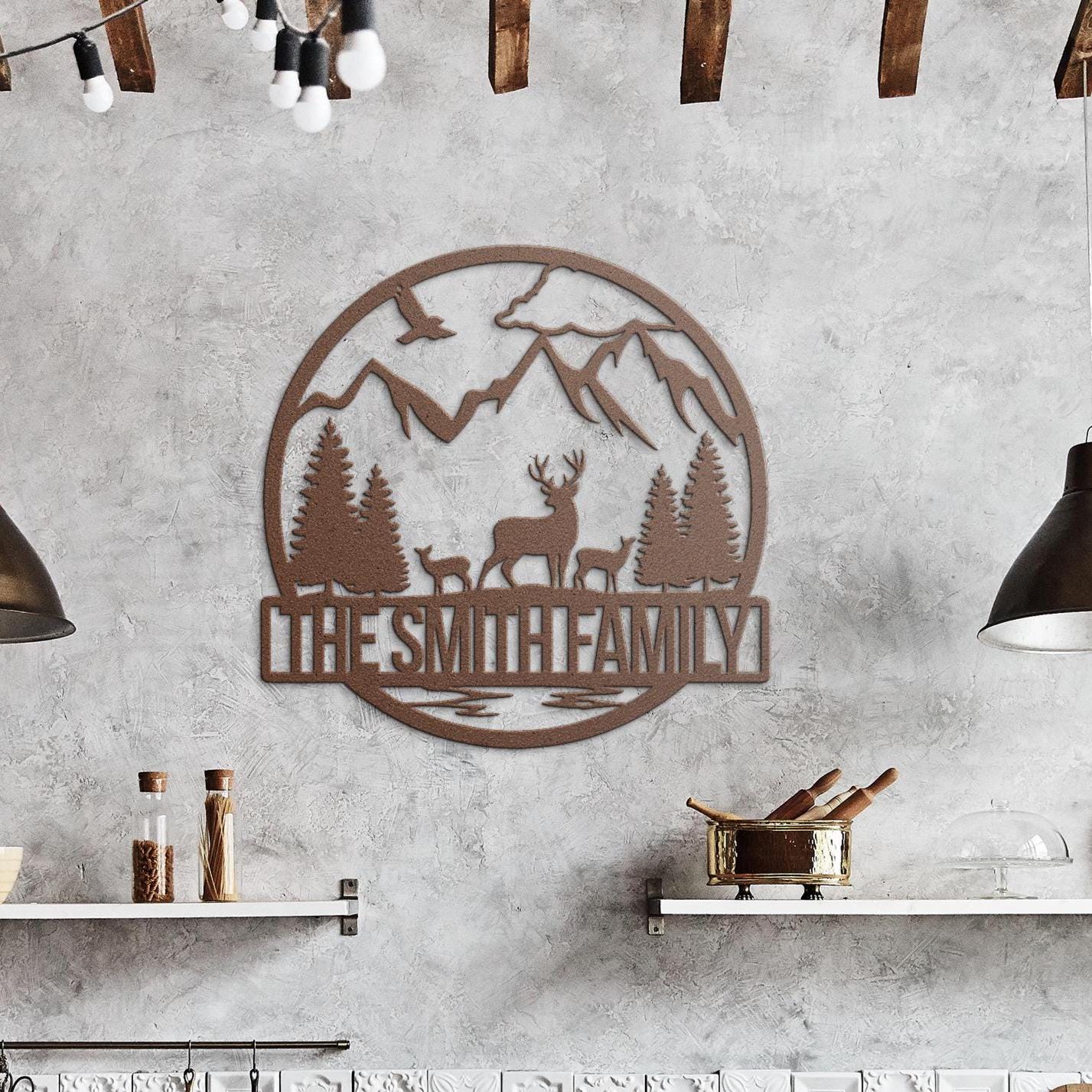 Personalized Family Name Metal Art, Mountain Deer Cabin Decor