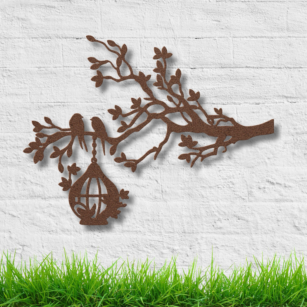 Birds on Branch Metal Art, Hanging Birdcage Wall Decor, Rustic Nature Sign, Forest Gift