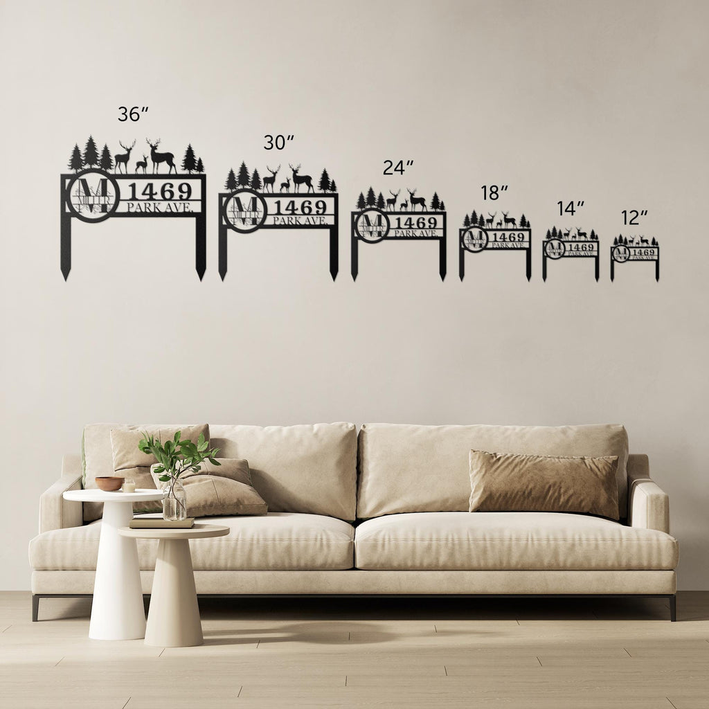 Deer Family Monogram Address Sign, Personalized Metal Yard Stake, Custom House Number Plaque, Woodland Rustic New Home Gift