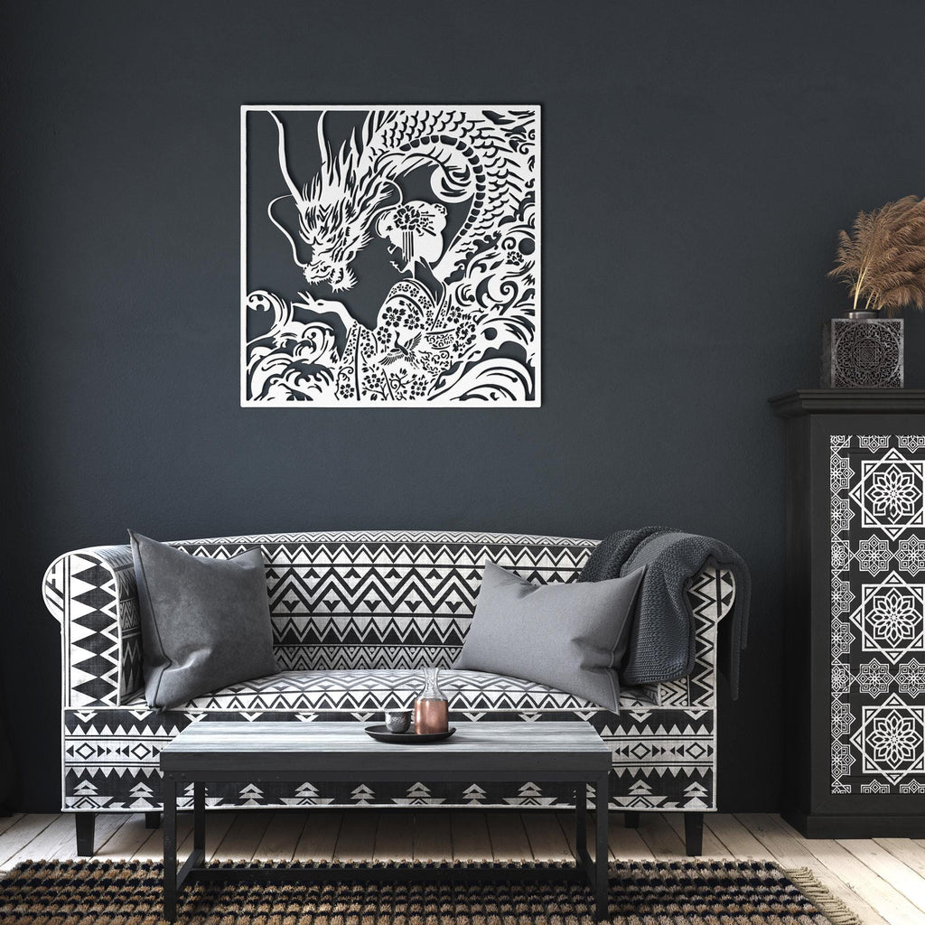 Dragon and Geisha Metal Wall Art, Japanese Floral Decor, Oriental Mythical Sign, Kimono Art