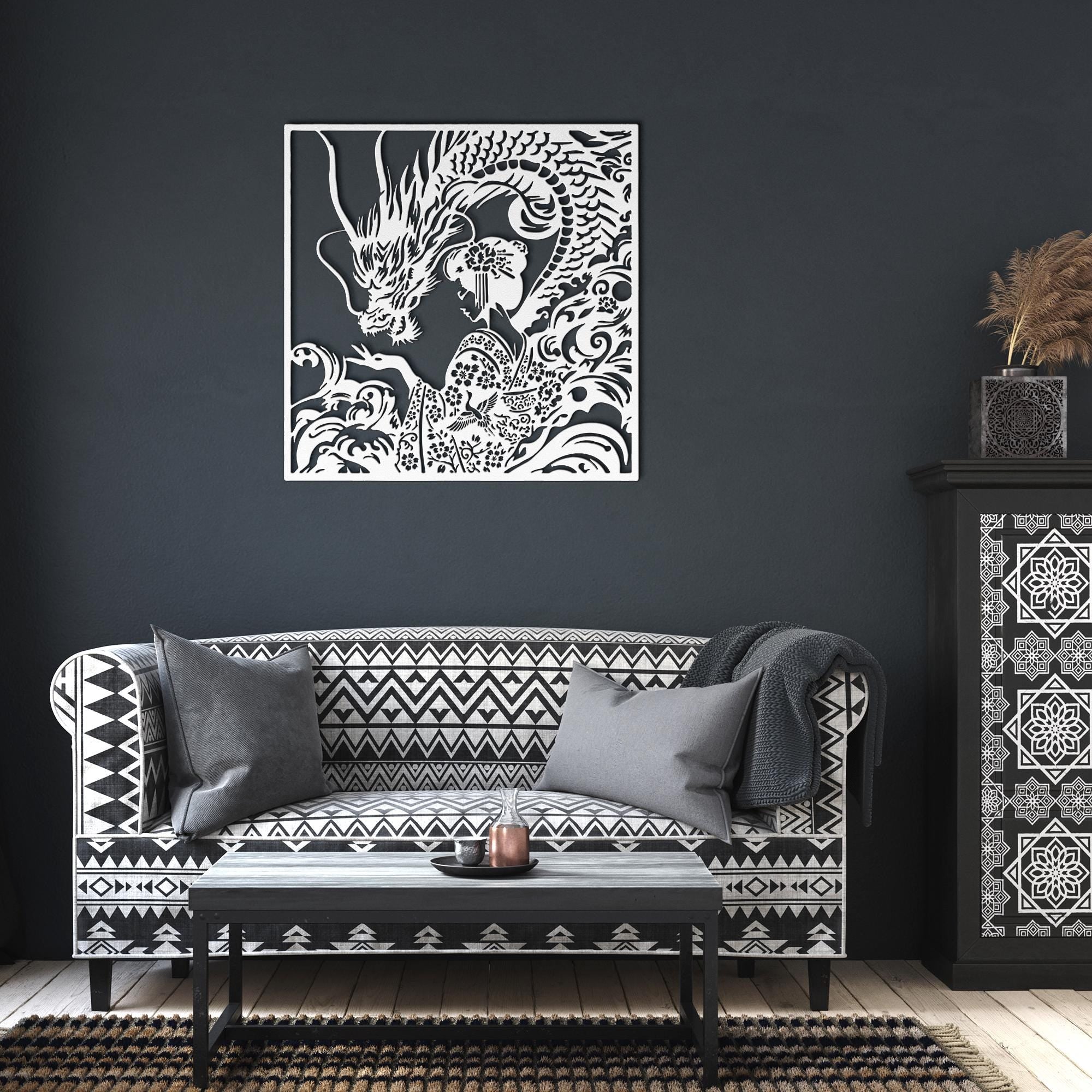 Dragon and Geisha Metal Wall Art, Japanese Floral Decor, Oriental Mythical Sign, Kimono Art