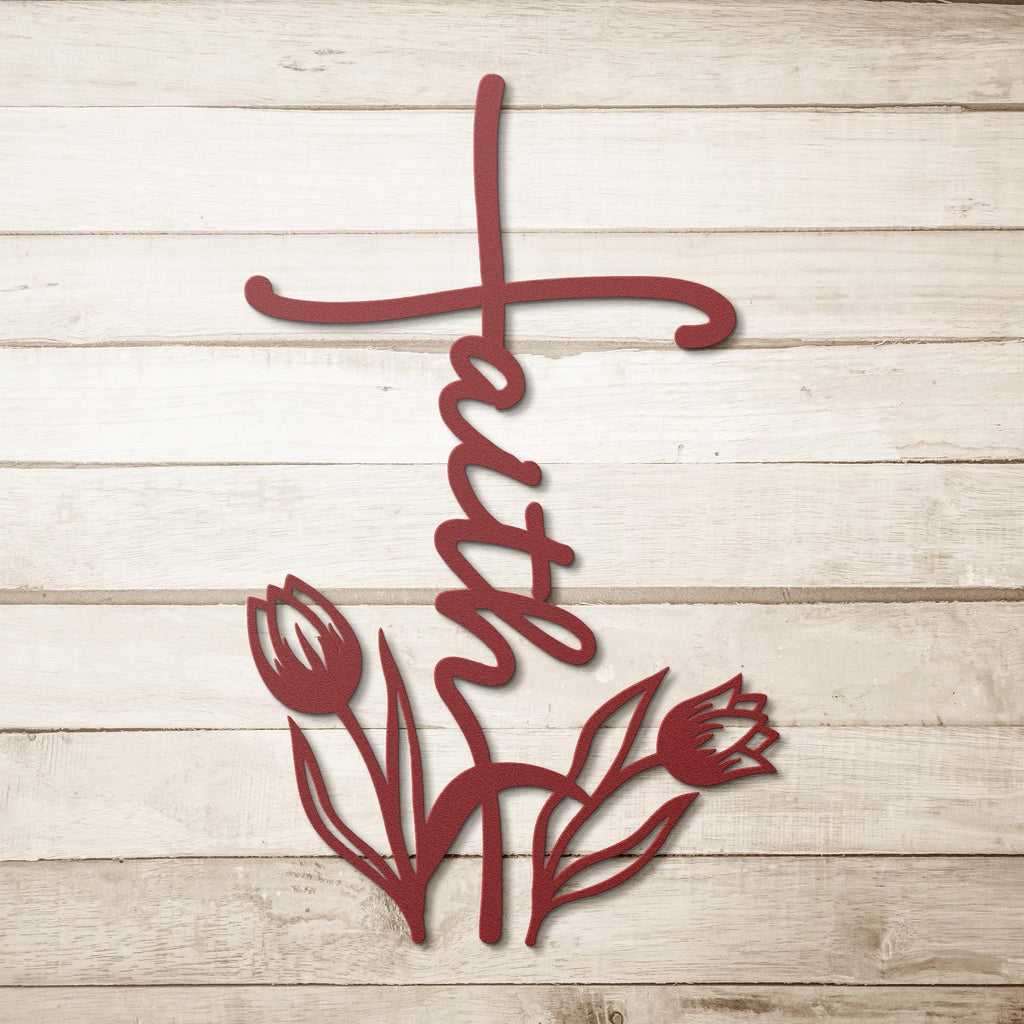 Faith Cross Metal Wall Art, Tulip Flower Christian Sign, Religious Home Decor Gift