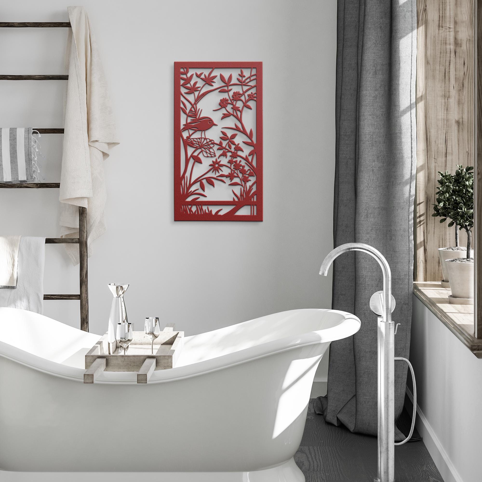 Bird and Flowers Metal Wall Art, Botanical Garden Sign, Nature Wall Decor, Floral Art