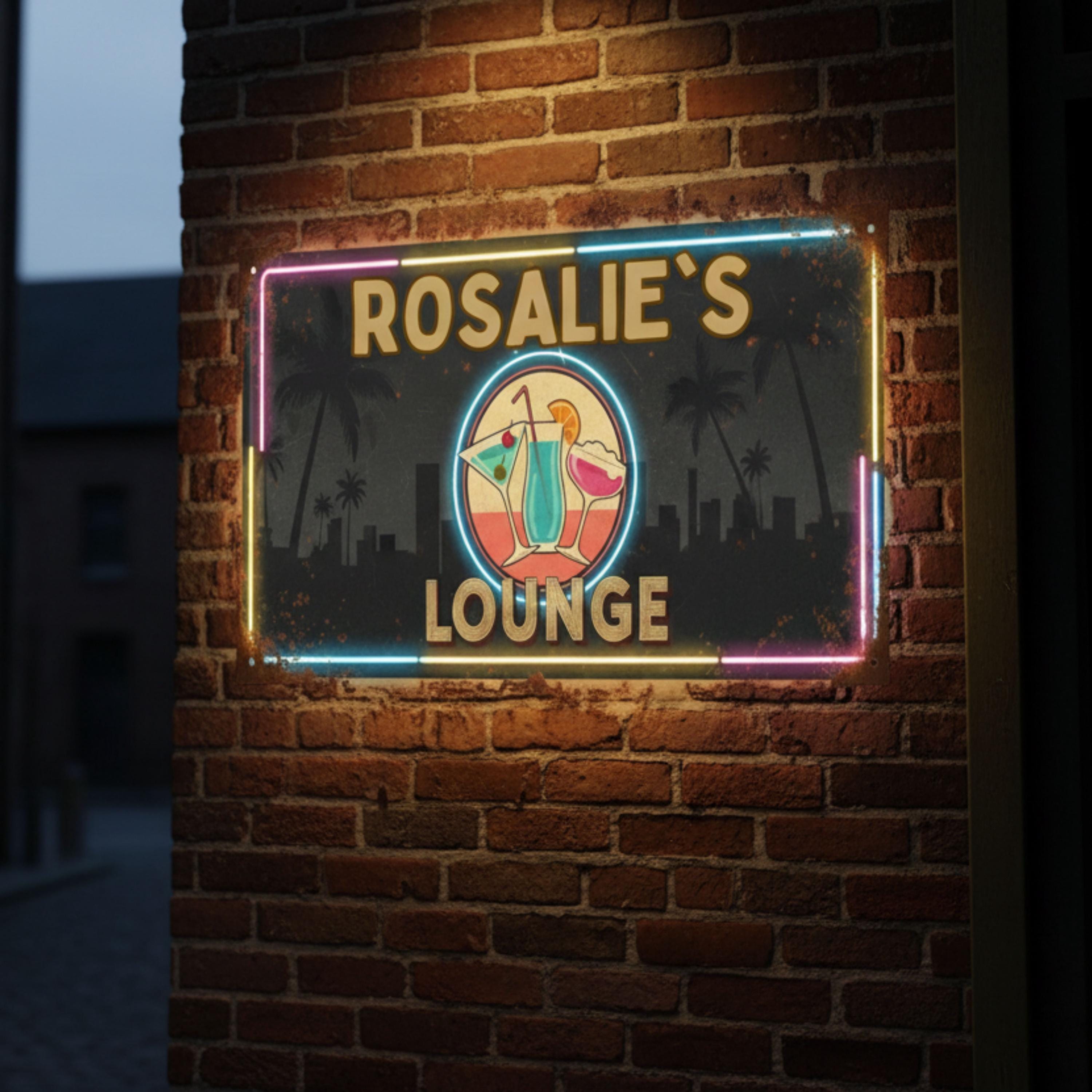 Custom Lounge Metal Sign | Personalized Tropical Neon Bar Art | Retro Cocktail Wall Decor | Home Tiki Bar Gift