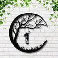 Girl on Swing Metal Wall Art, Crescent Moon Silhouette, Kids Room Decor