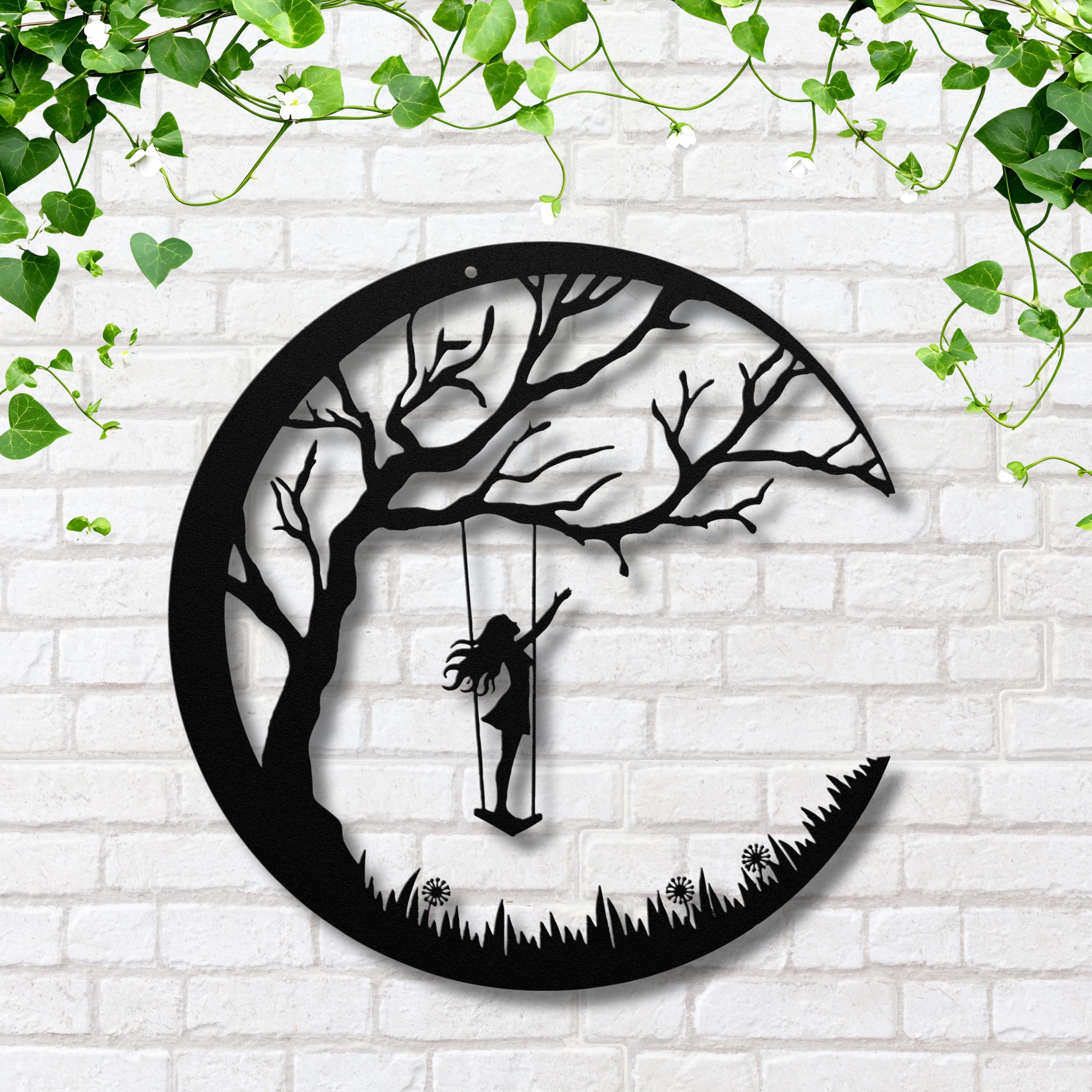 Girl on Swing Metal Wall Art, Crescent Moon Silhouette, Kids Room Decor
