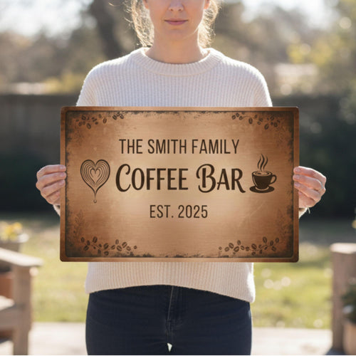 Custom Coffee Bar Sign - Personalized Family Name Metal Plaque | Rustic Kitchen Decor