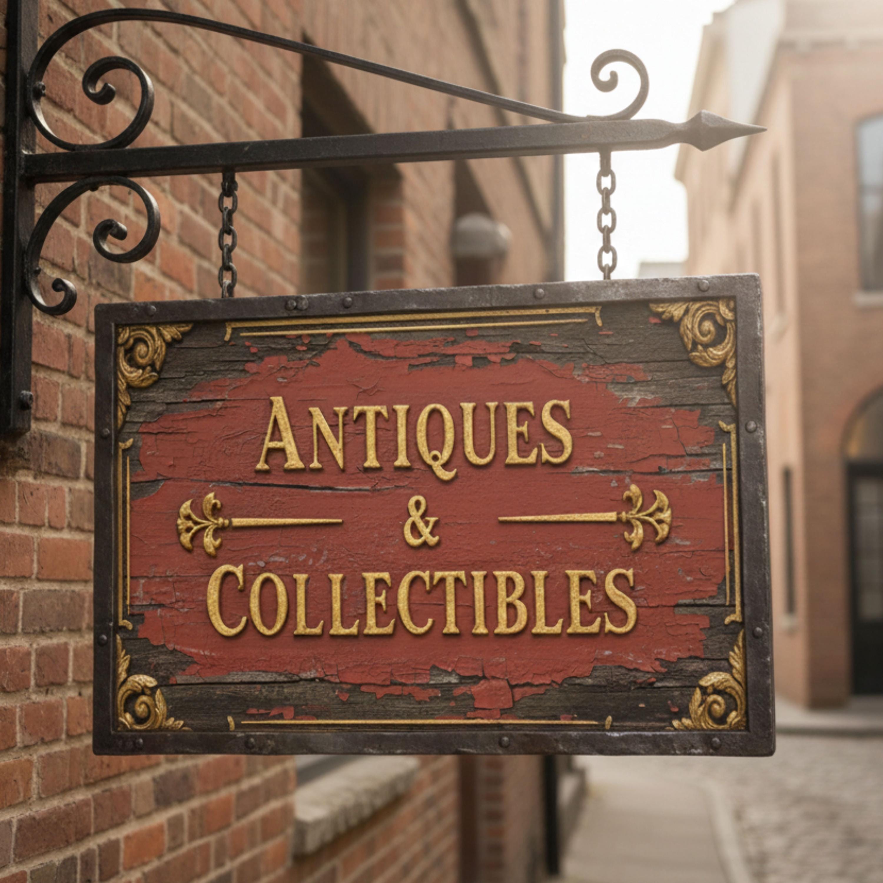 Antiques and Collectibles Metal Sign, Rustic Red Shop Plaque, Vintage Junk Store Decor, Gold Scrollwork Wall Art, Flea Market