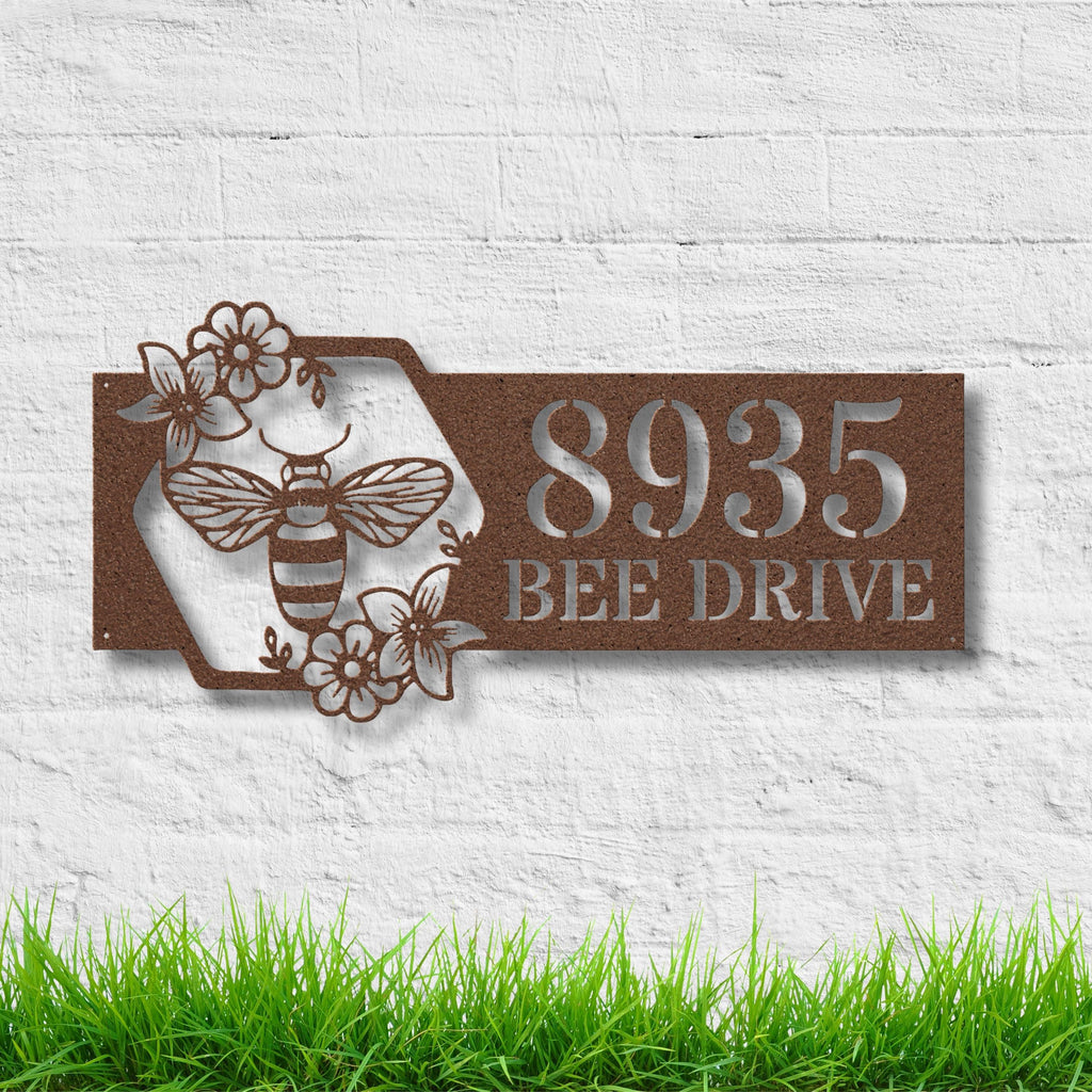 Custom Metal Address Sign - Personalized Bee Honeycomb House Number Plaque