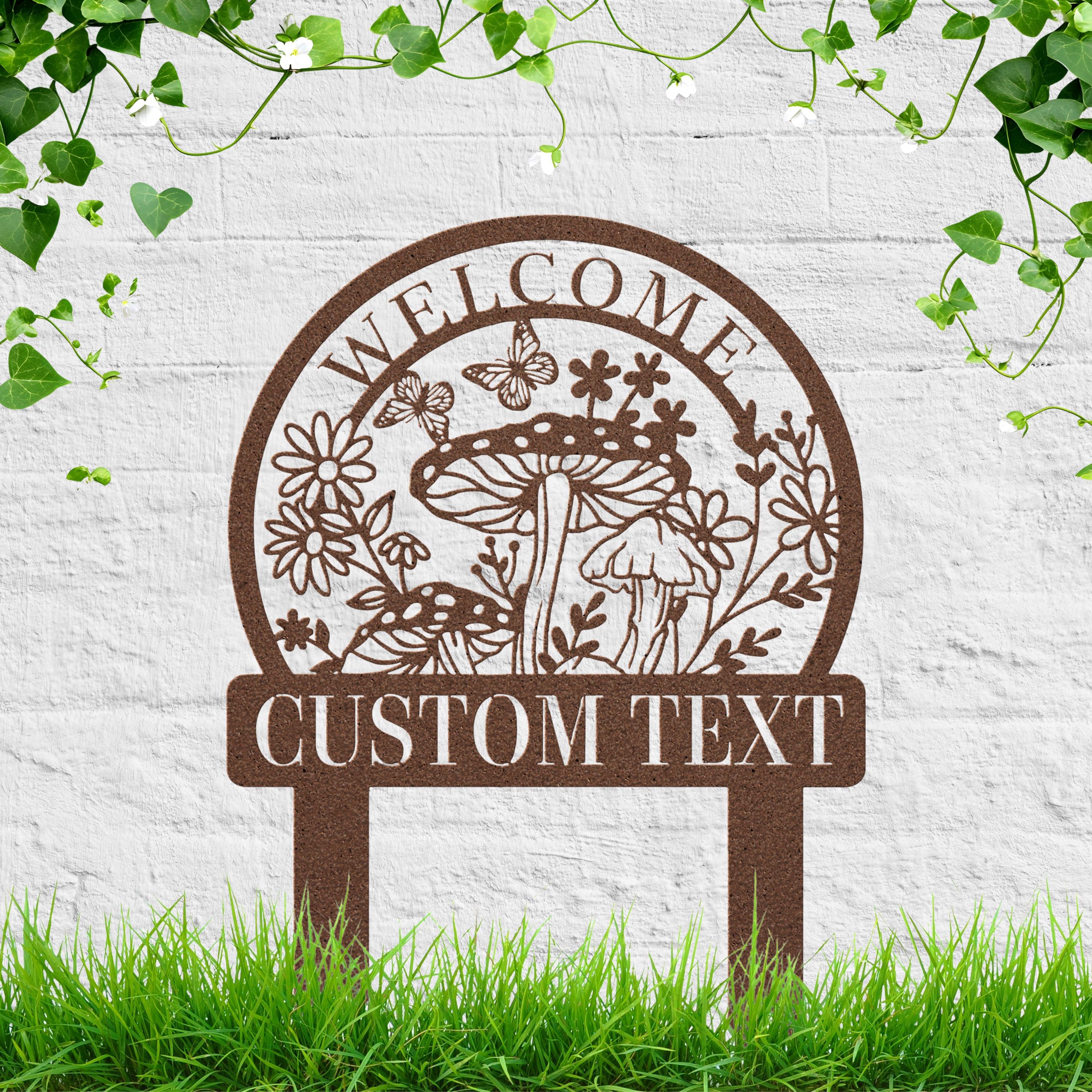 Personalized Welcome Mushroom Metal Sign, Butterfly Garden Stake, Custom Outdoor Gift