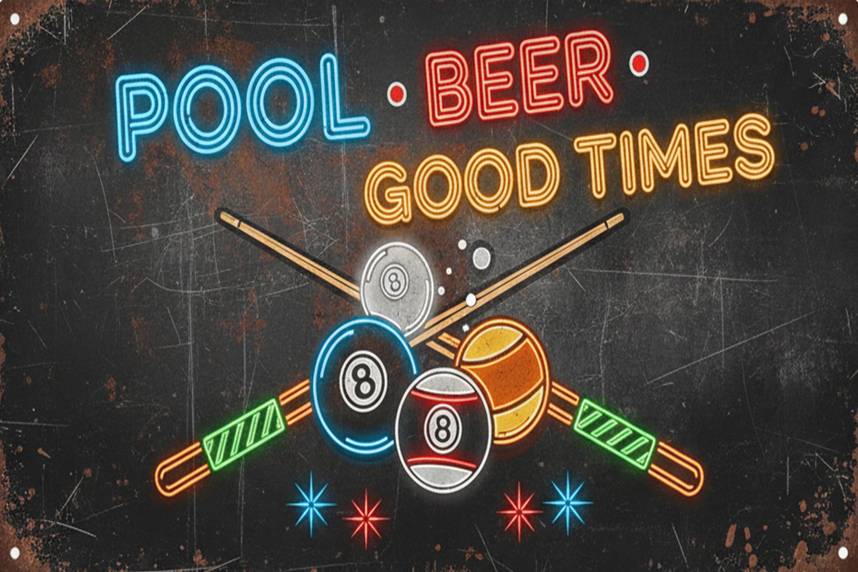 Pool Beer Good Times Neon Metal Sign | Vintage Man Cave Decor