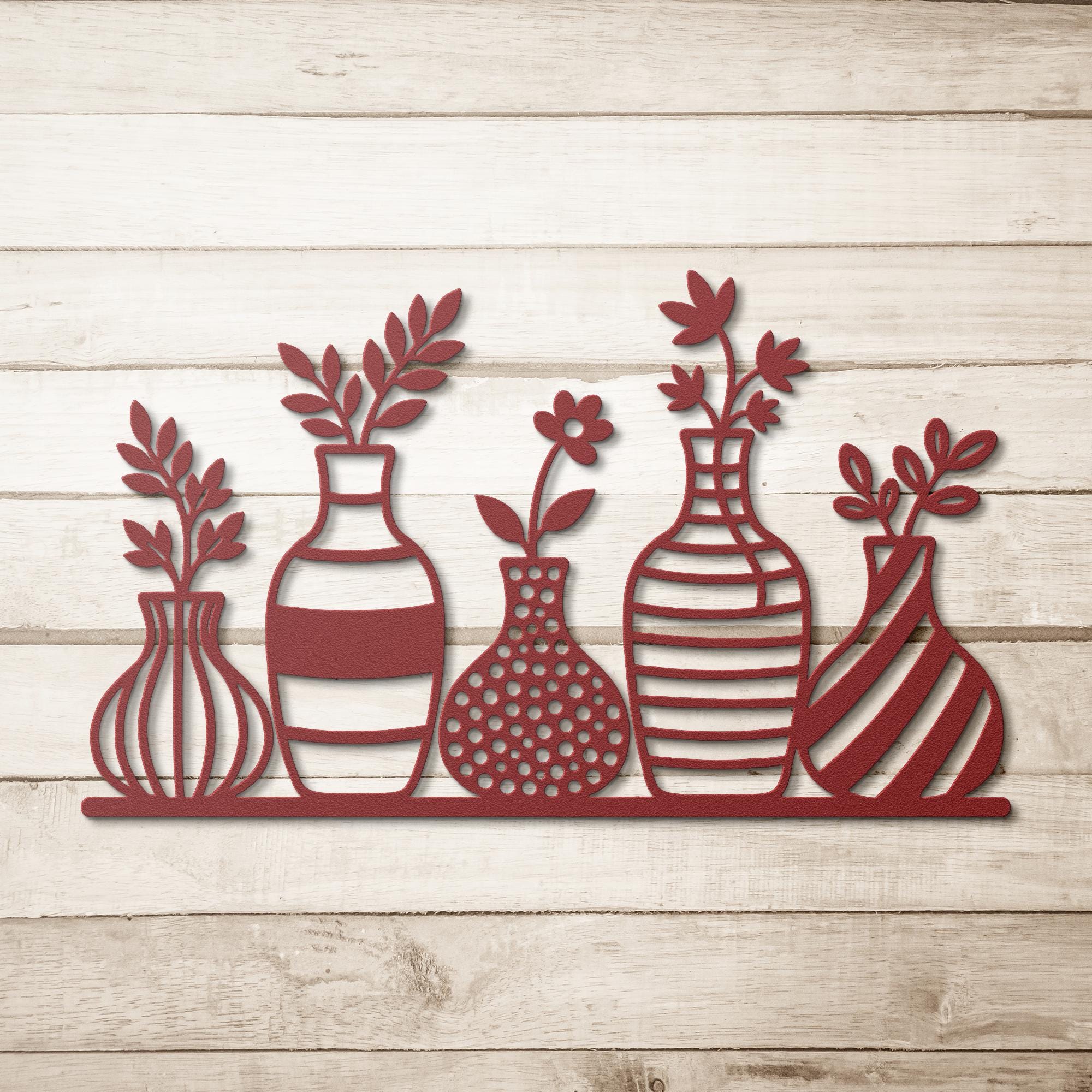 Flower Vases on Shelf Metal Wall Art | Modern Floral Decor | Minimalist Farmhouse Sign | Botanical Die Cut Gift