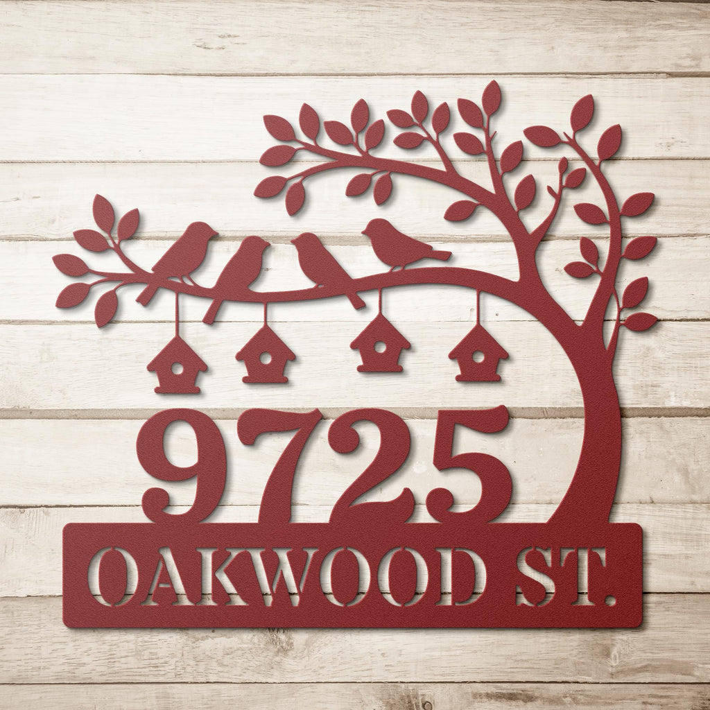 Personalized Metal Address Sign, Custom House Number Plaque, Tree Birdhouse Decor, Street Name Sign