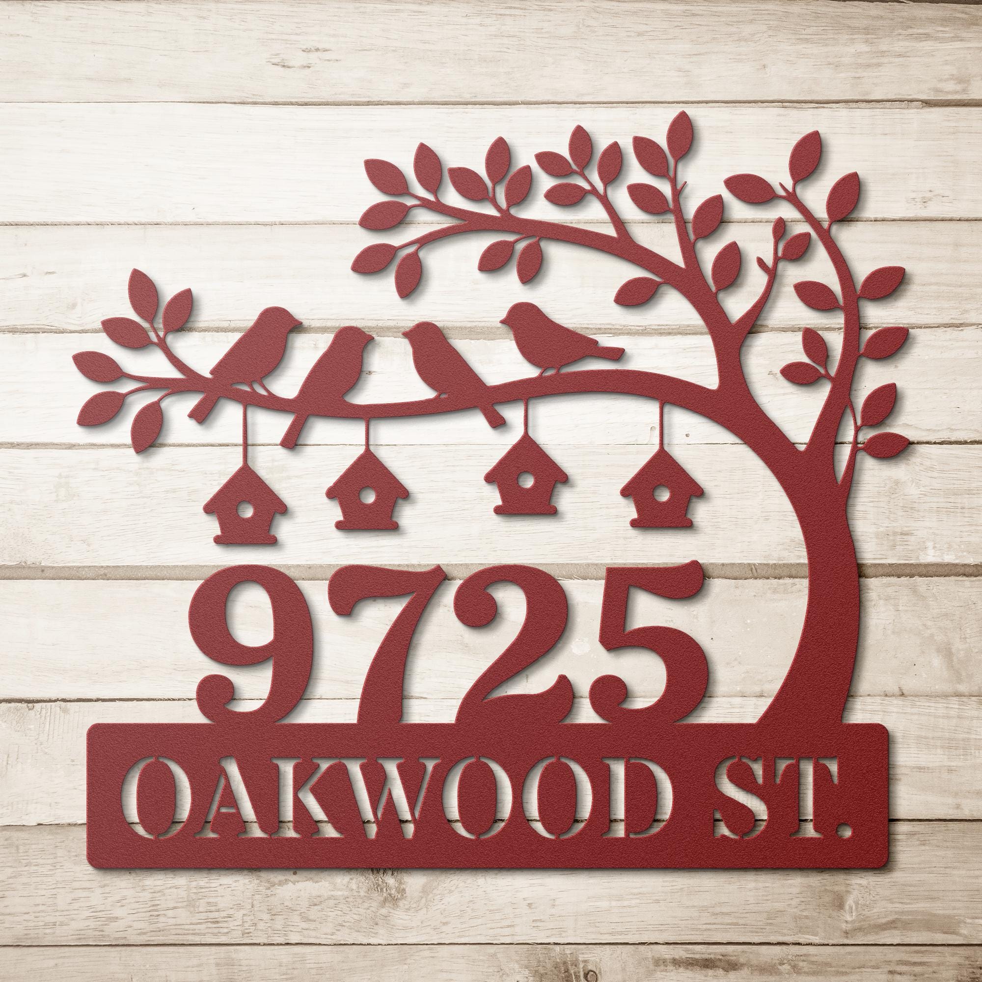 Personalized Metal Address Sign, Custom House Number Plaque, Tree Birdhouse Decor, Street Name Sign